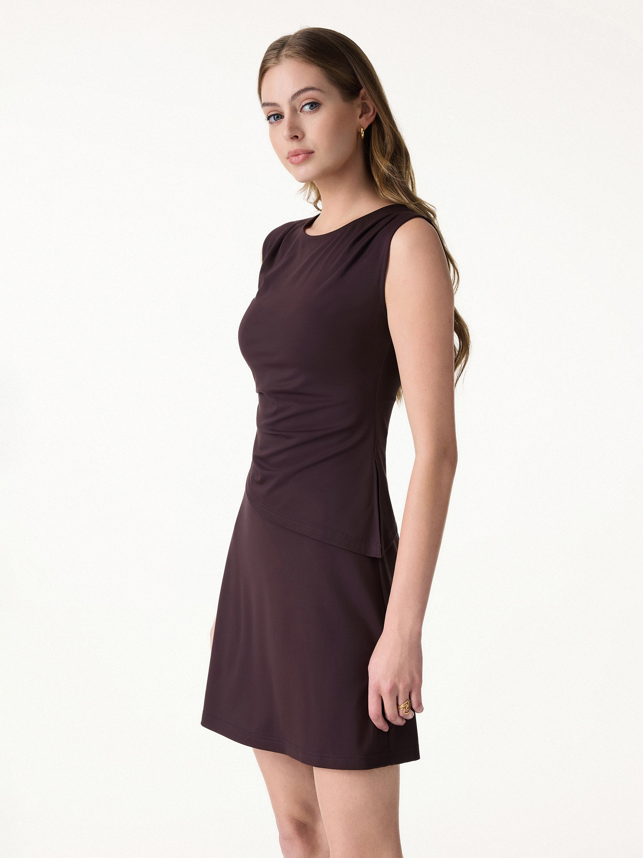 Effortless Wide Shoulder Tucked Asymmetrical Hem Sleeveless Top