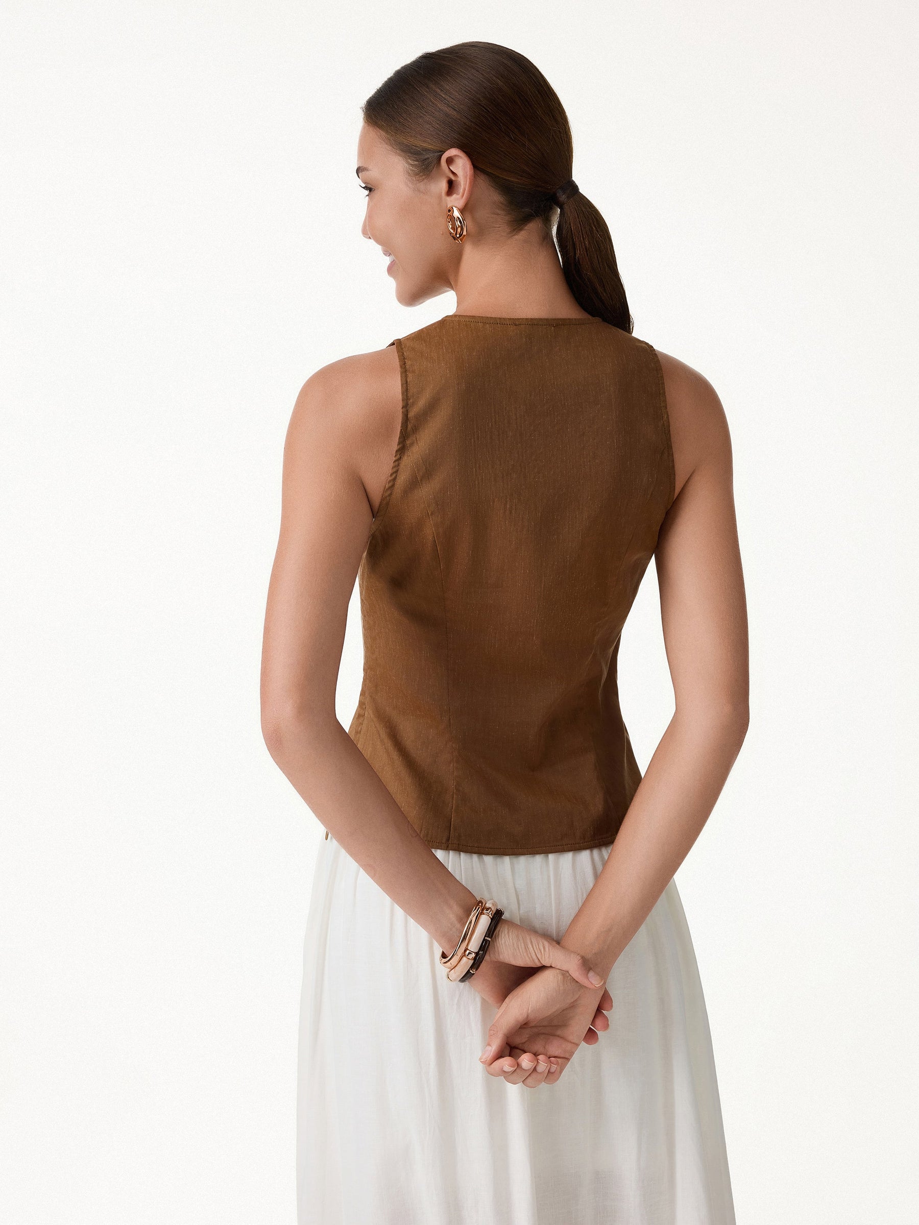 Linen Blend Surplice Top with Side Twist