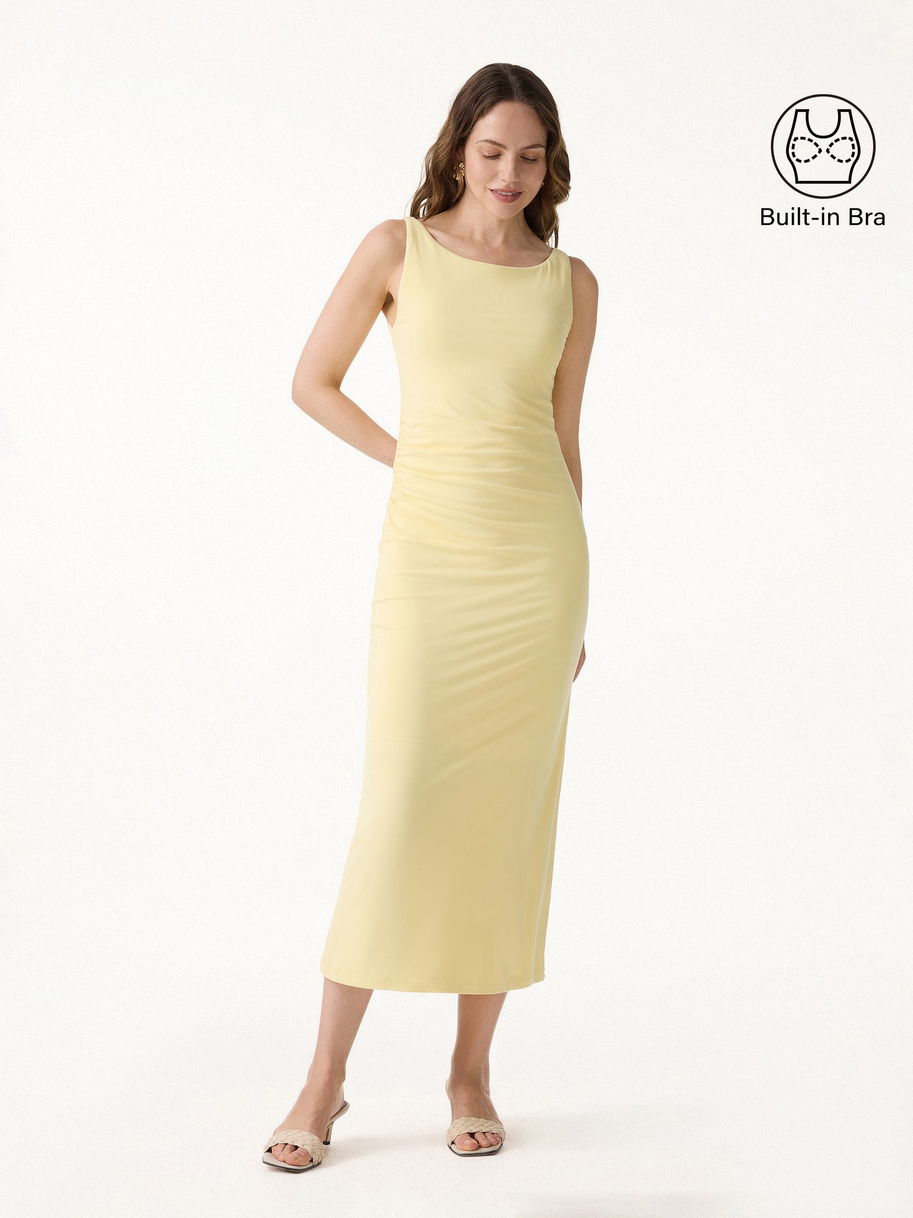 Matte Smooth Boatneck Ruched Midi Bra Dress