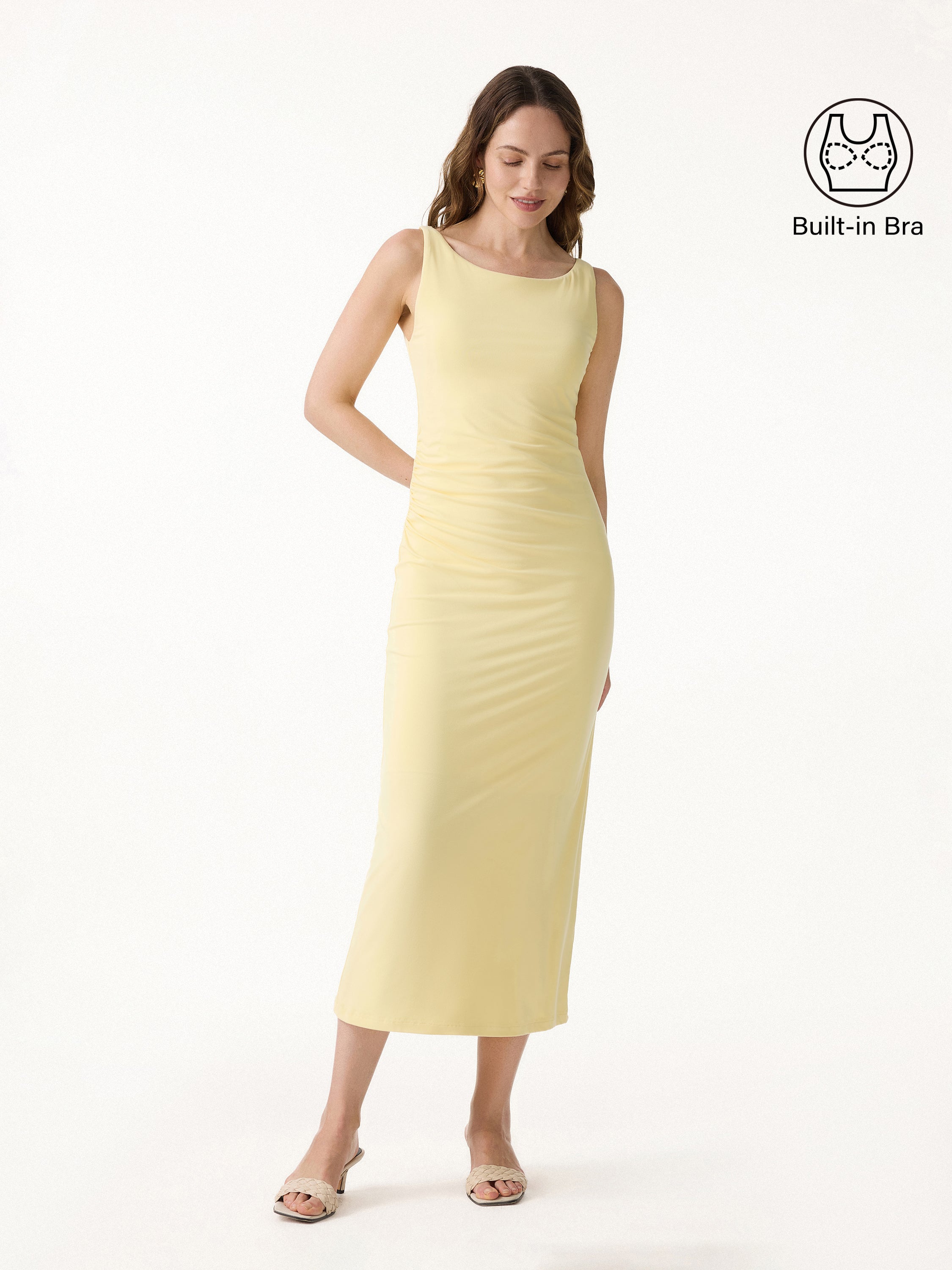 Matte Smooth Boatneck Ruched Midi Bra Dress