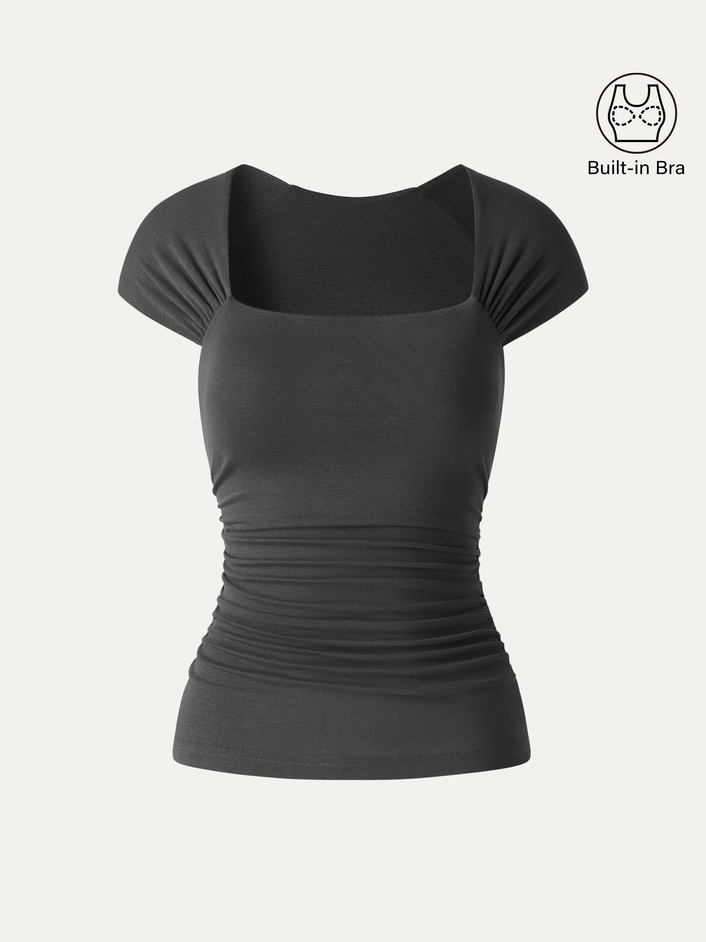 Cool-Touch Square Neck Cap Sleeve Ruched Bra Top