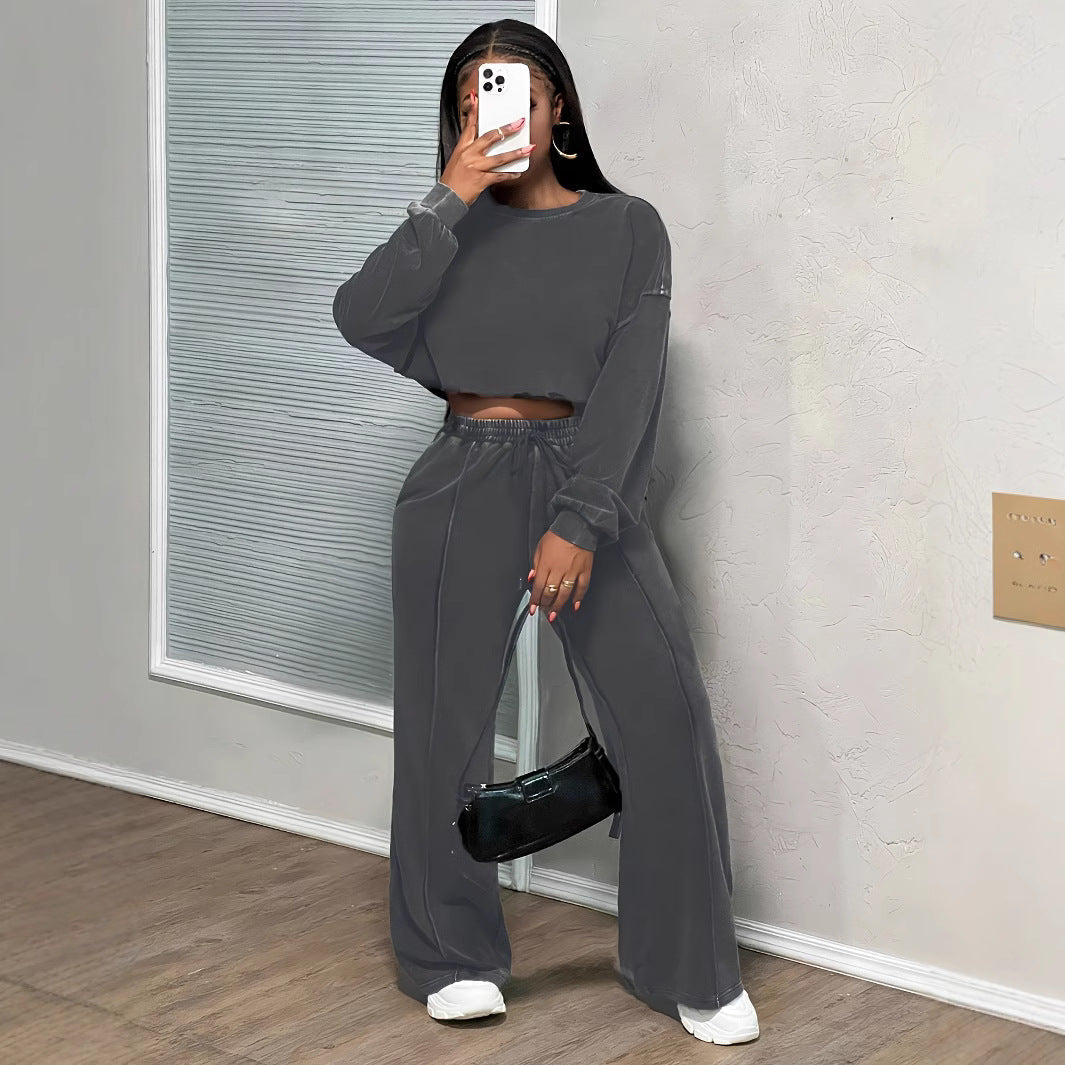 Women's Wide-Leg Trousers & Long-Sleeve Top Set - Casual Two-Piece Outfit