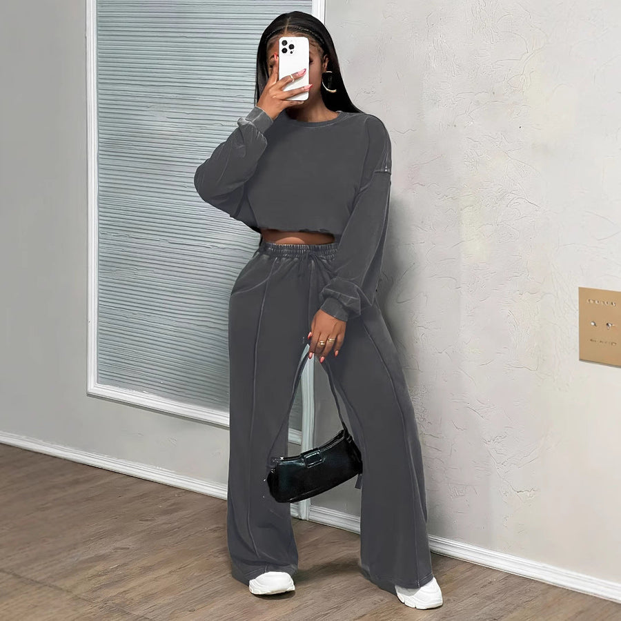 Women's Wide-Leg Trousers & Long-Sleeve Top Set - Casual Two-Piece Outfit