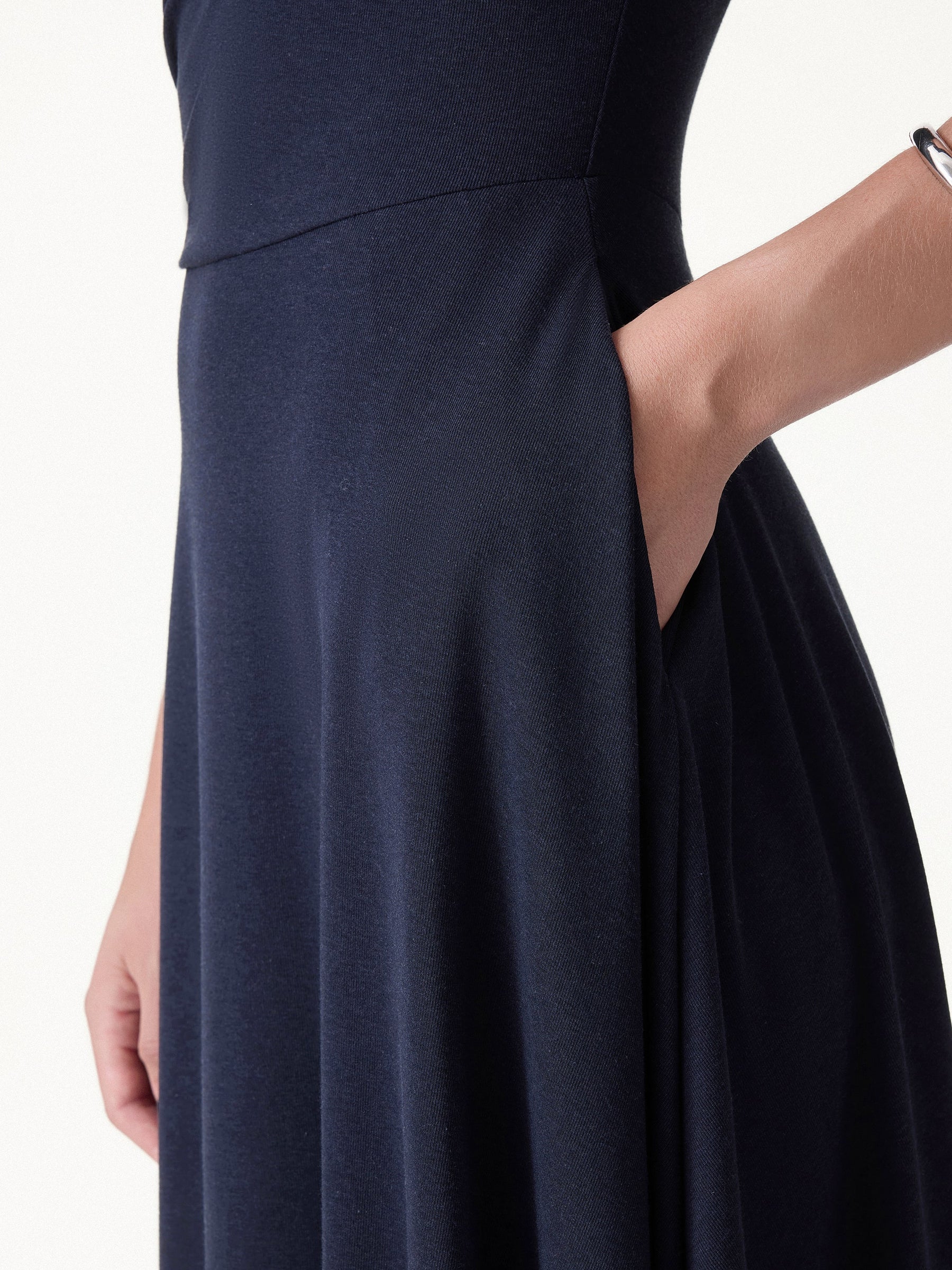 Asymmetrical Shoulder Tucked Midi Bra Dress with Pockets