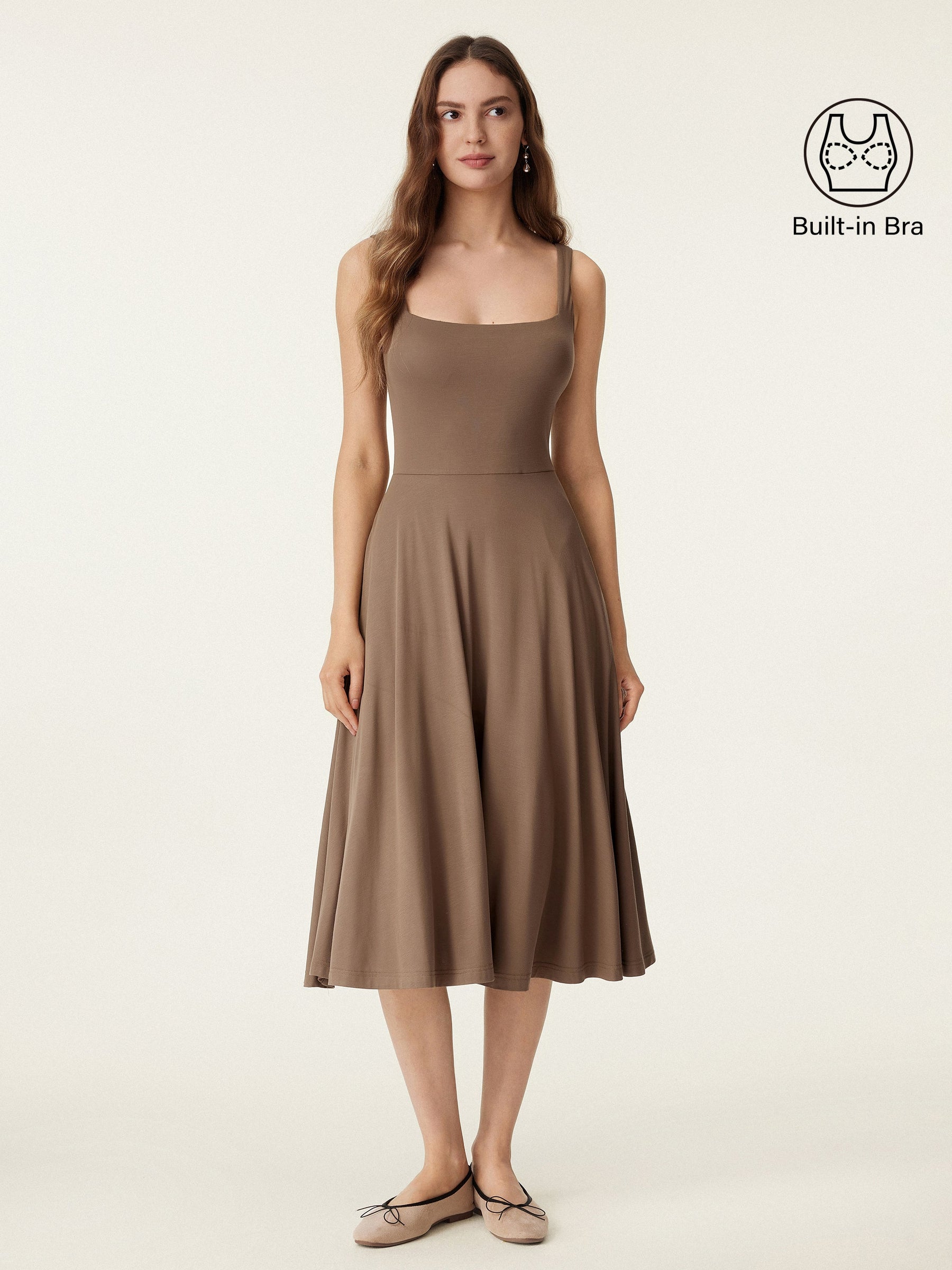 Square Neck Flowy New Airy Bra Midi Dress