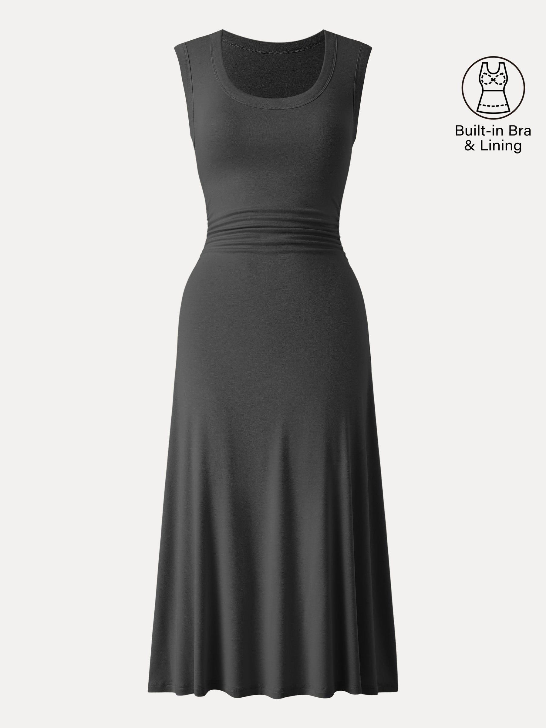 Scoop Neck Side Ruched New Airy Bra Midi Dress