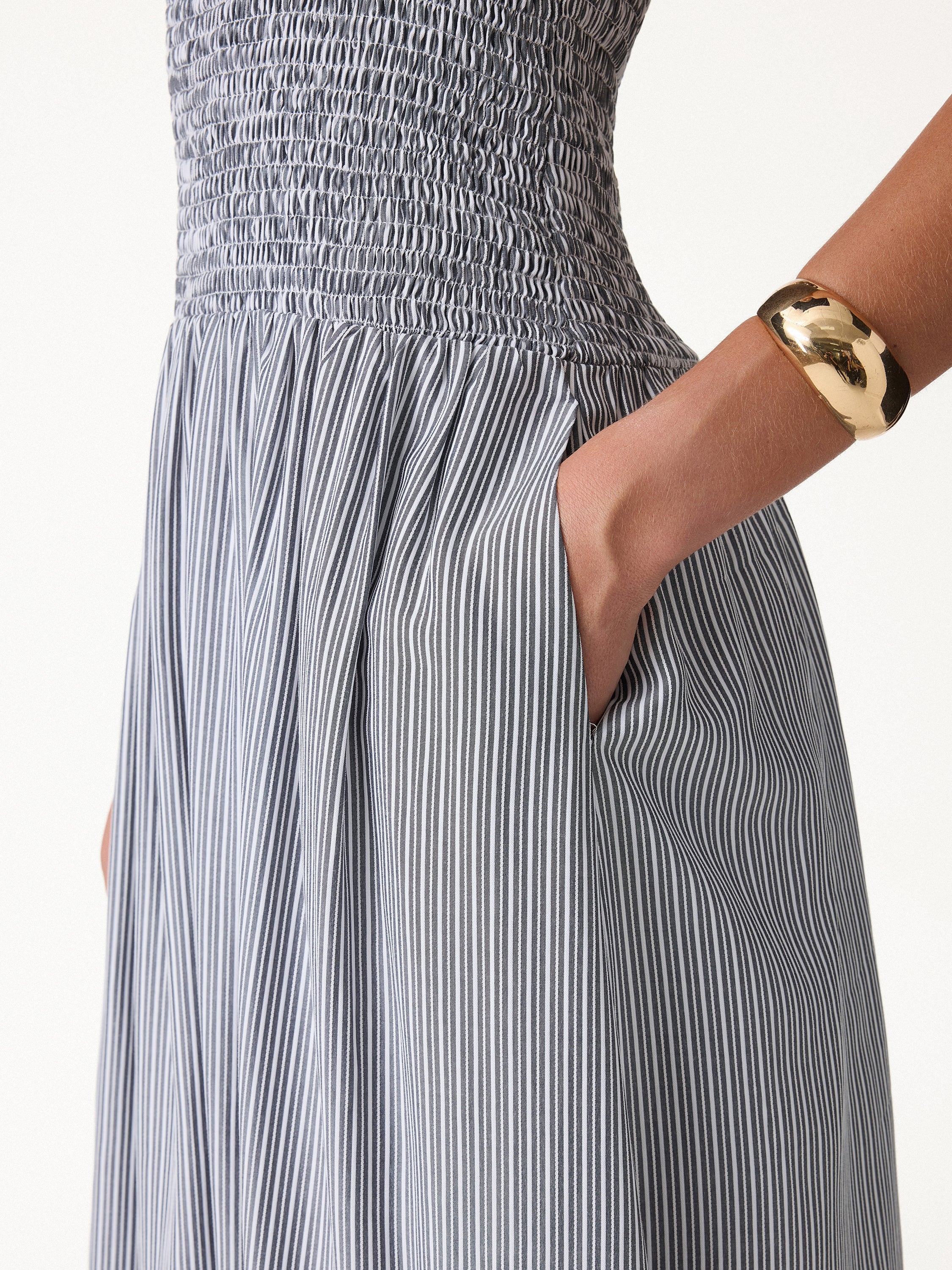 Striped Poplin Square Neck Smocked Midi Bra Dress