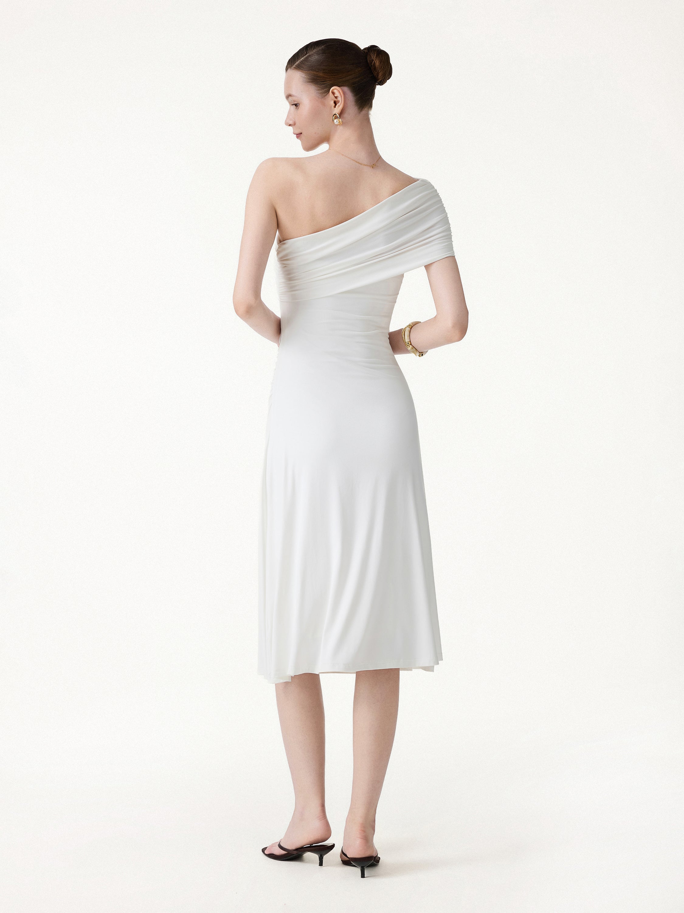 Not-See-Thru One Shoulder Gathered Midi Bra Dress