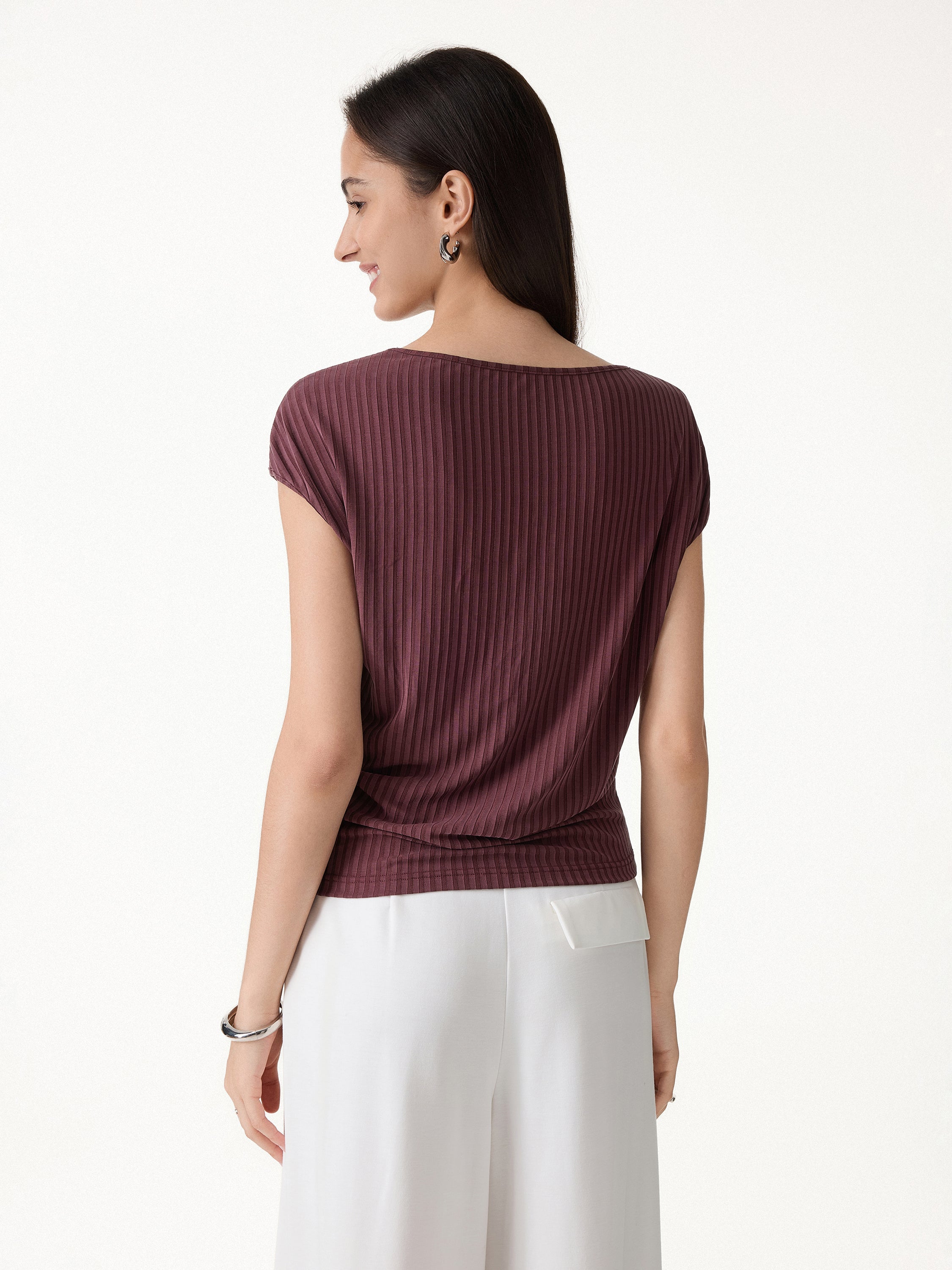 Wrinkle-Free Ultra-soft Boatneck Cap Sleeve Ribbed Top