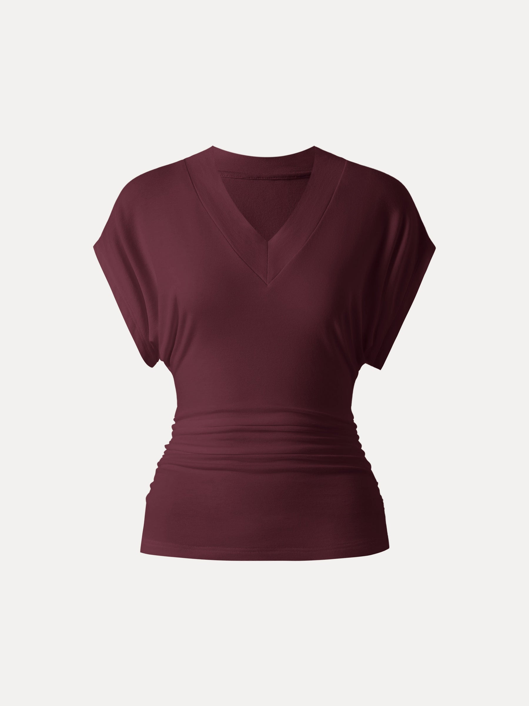 Semi-sheer Lyocell Cashmere Blend V-neck Short Sleeve Side Ruched Tee