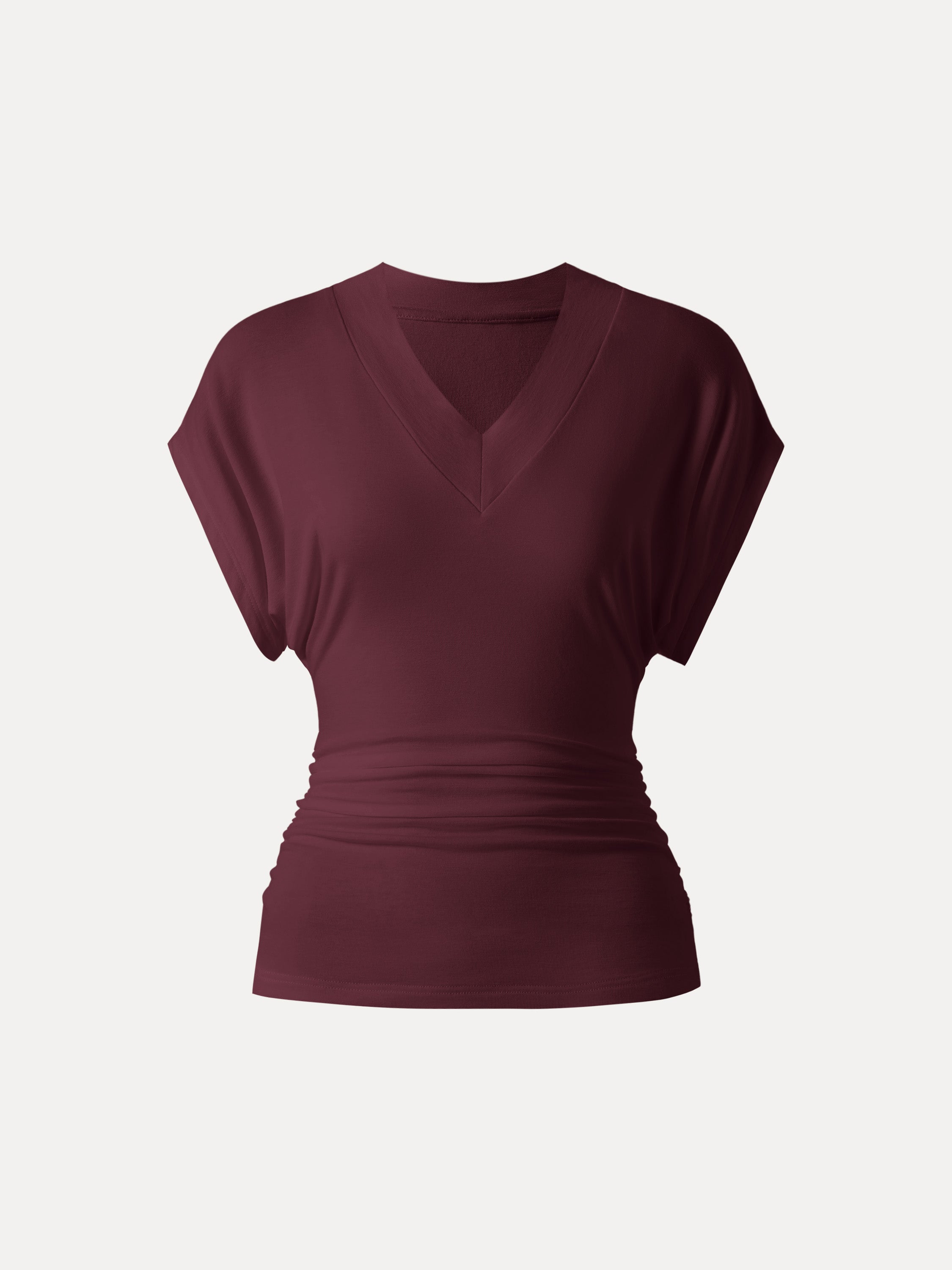 Semi-sheer Lyocell Cashmere Blend V-neck Short Sleeve Side Ruched Tee
