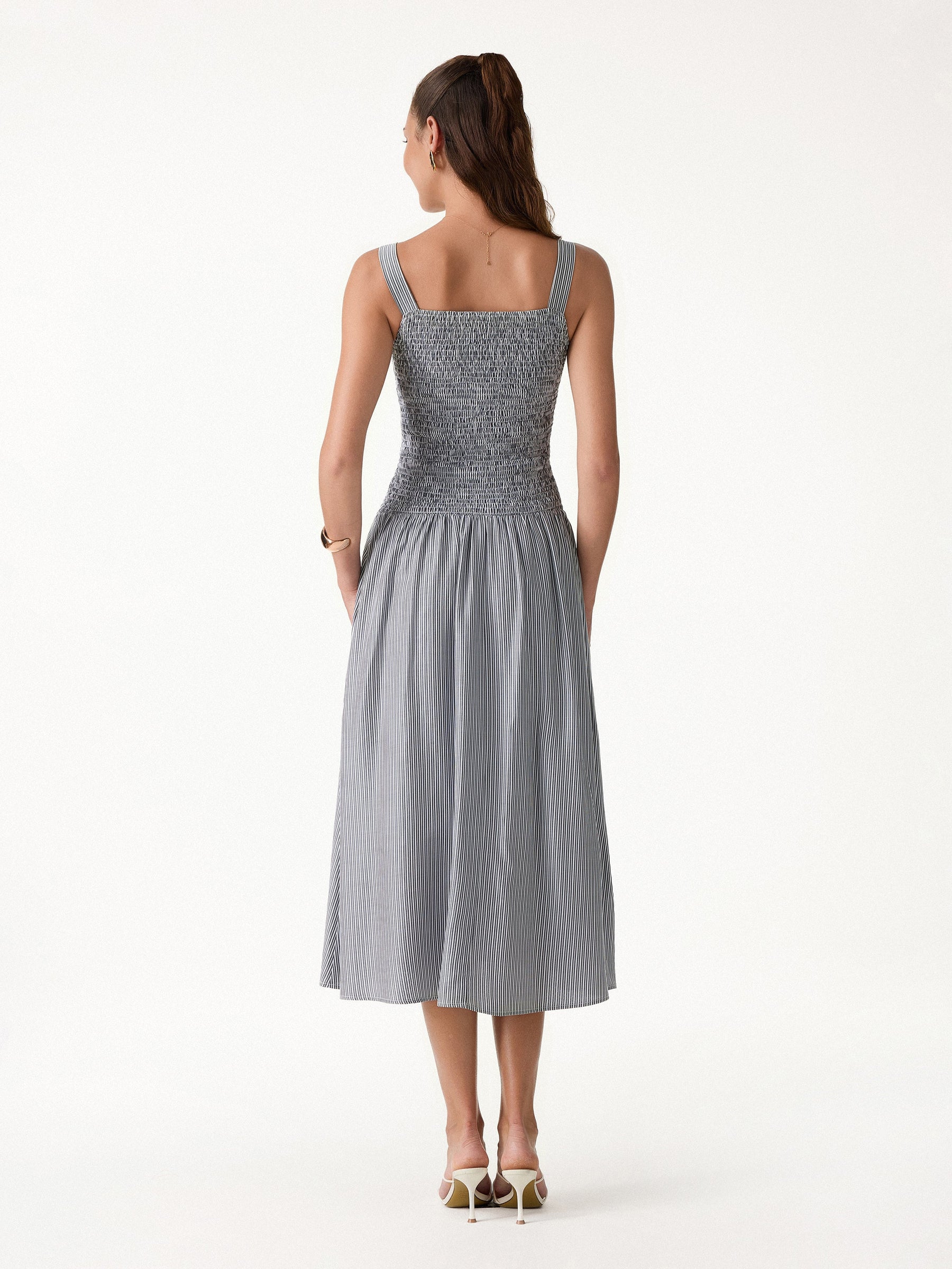 Striped Poplin Square Neck Smocked Midi Bra Dress