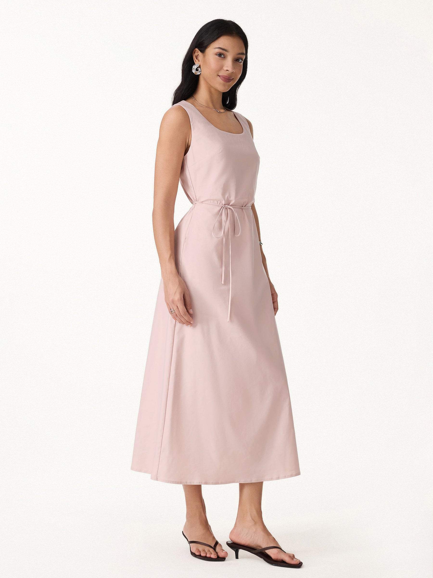 Linen Blend U-Neck Maxi Dress with Pockets