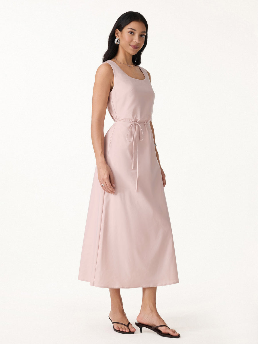 Linen Blend U-Neck Maxi Dress with Pockets