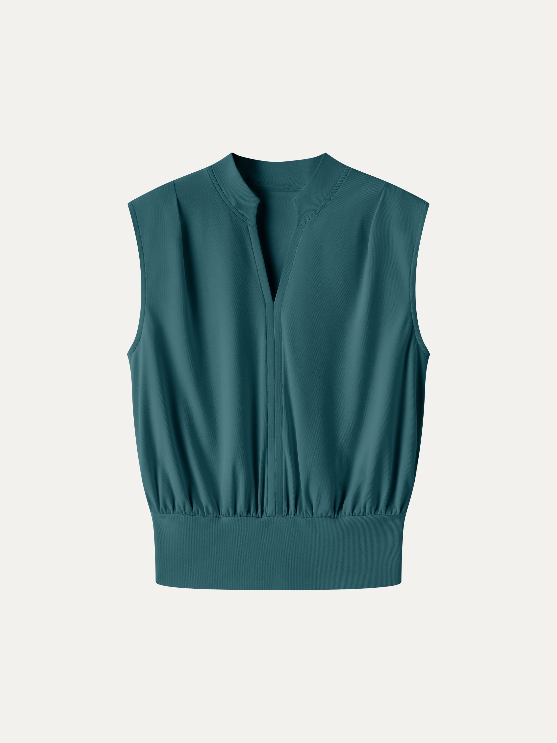 Cotton-Viscose V-neck Stand Collar Sleeveless Top
