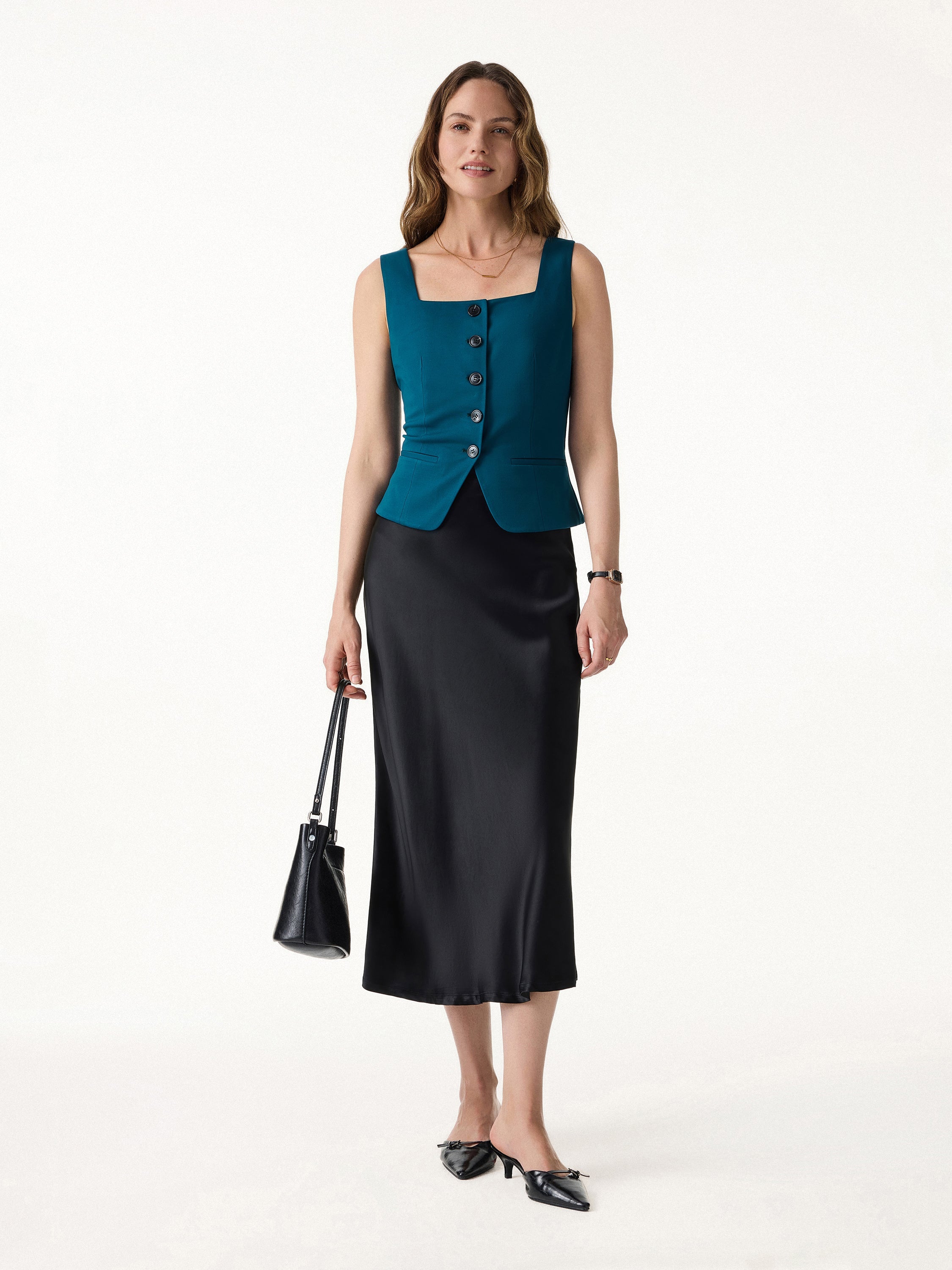 Stretch Ponte Square Neck Cropped Waistcoat with Pockets