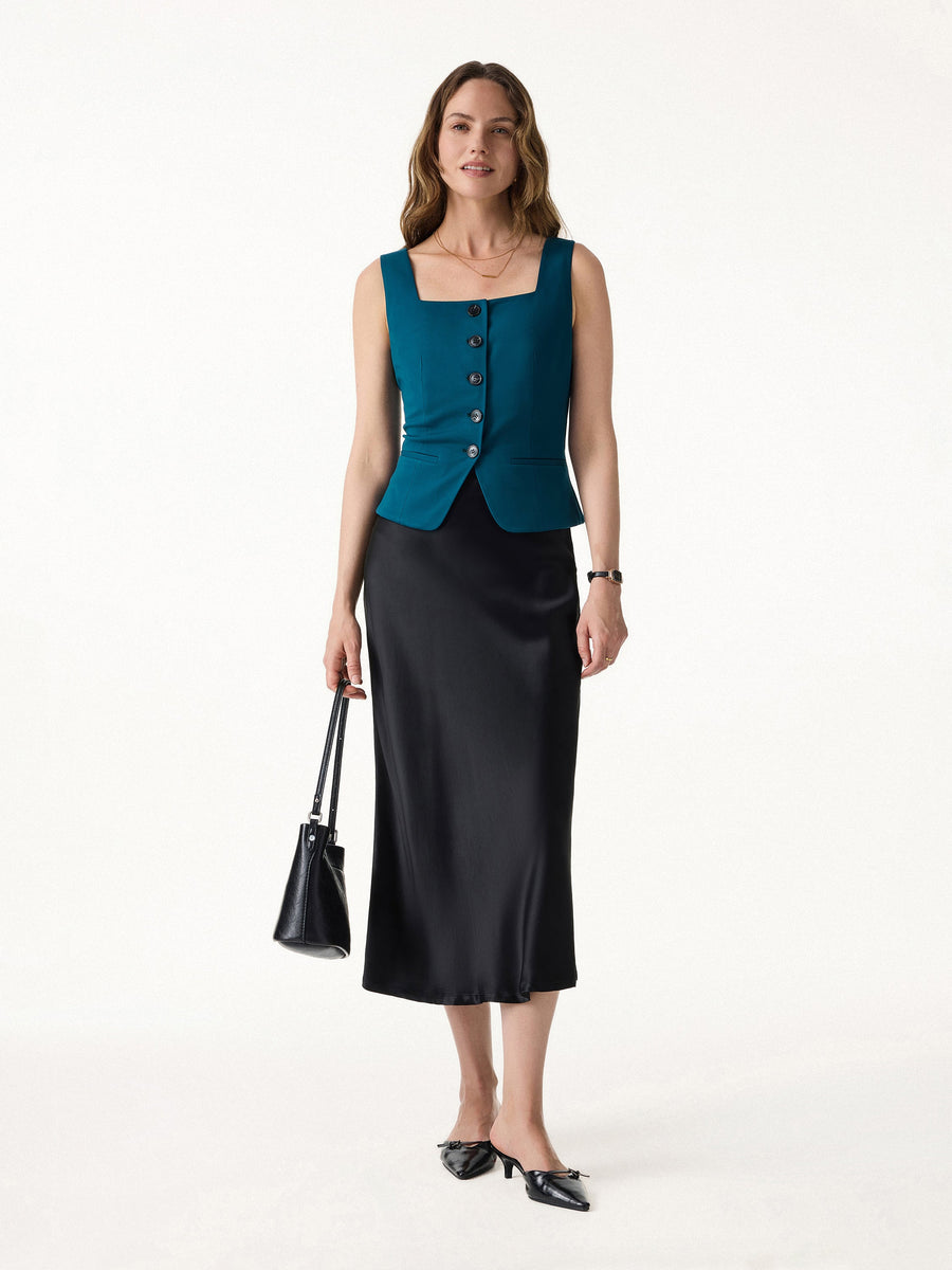 Stretch Ponte Square Neck Cropped Waistcoat with Pockets