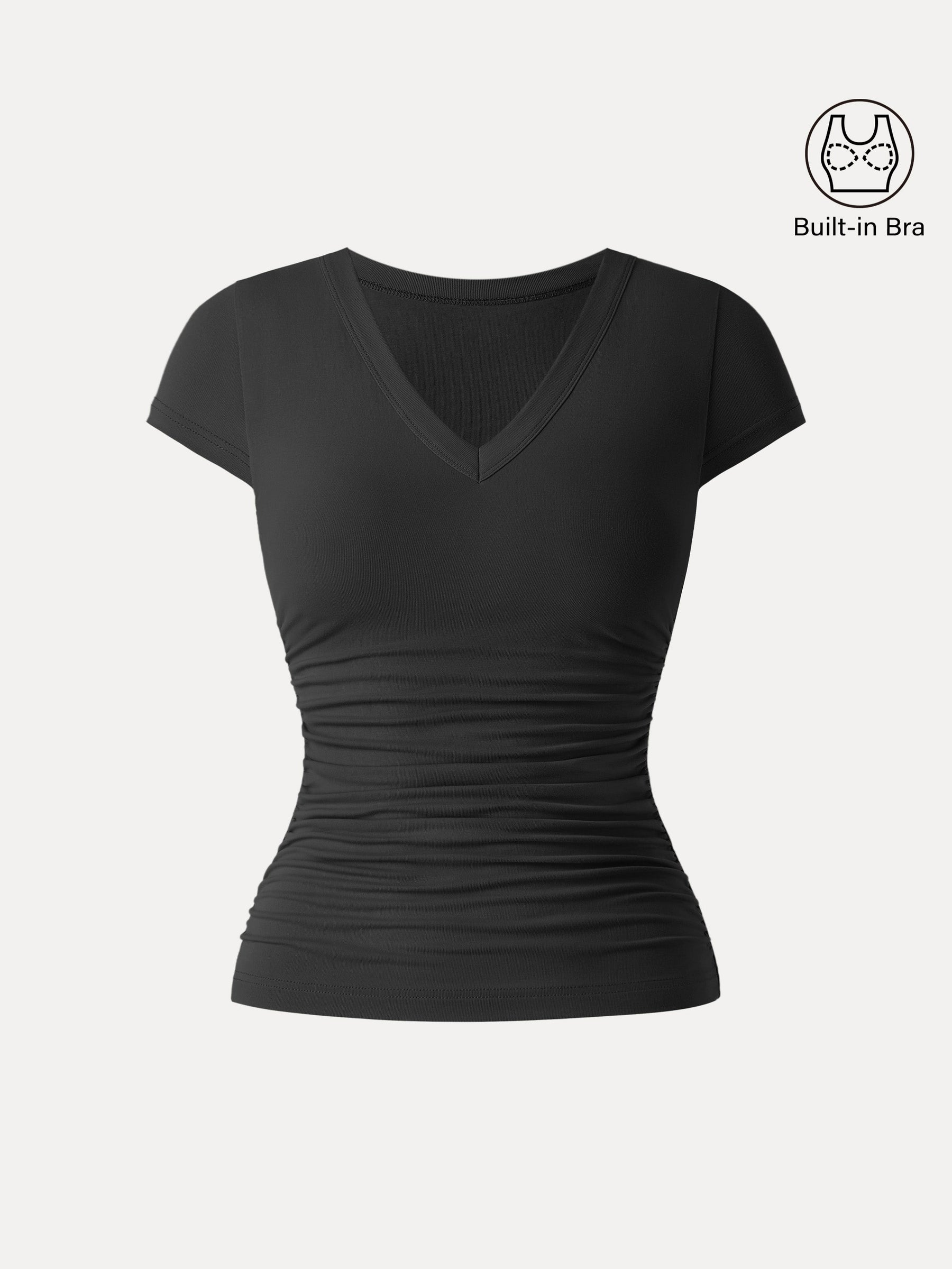 Elevated V-neck Side Ruched Cap Sleeve Bra Tee