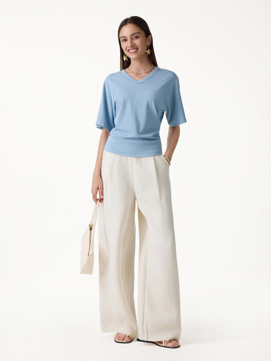 Viscose Cotton V-Neck Waist-Defining Summer Tee