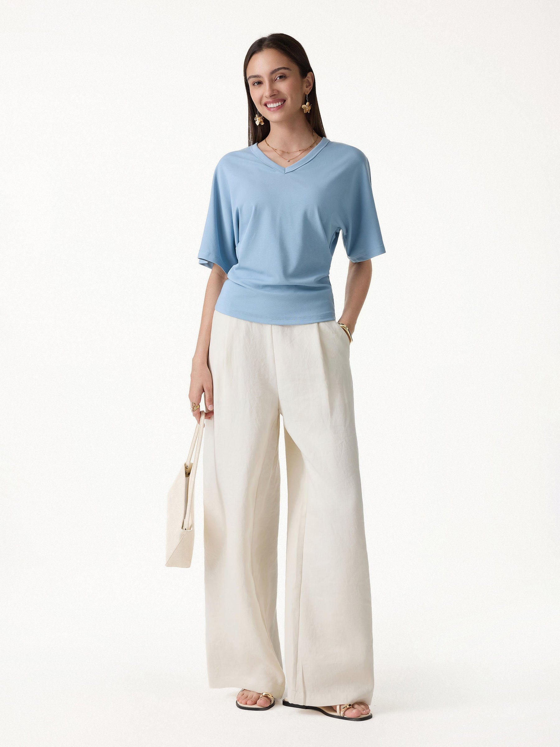 Viscose Cotton V-Neck Waist-Defining Summer Tee