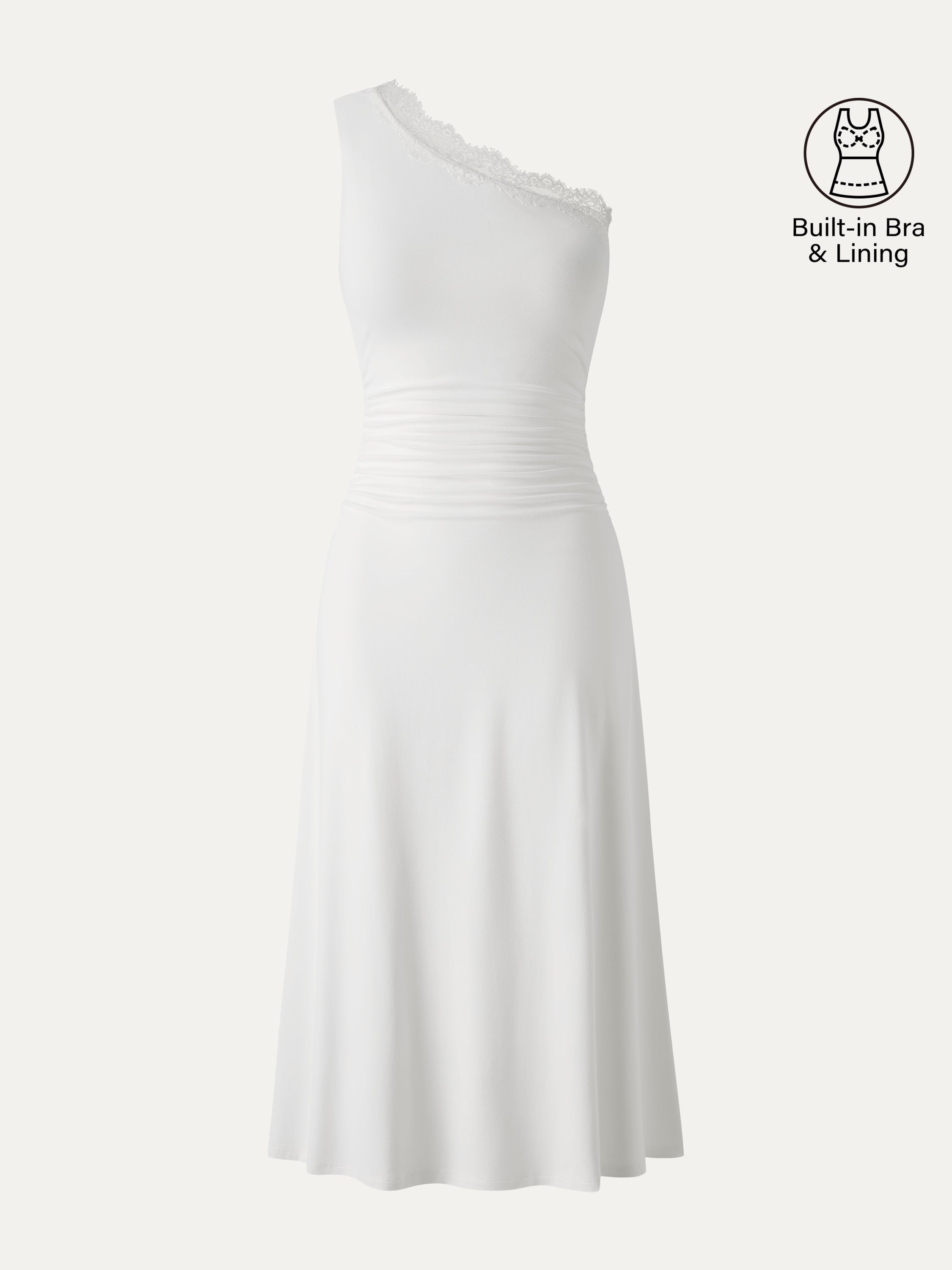 Lace Trim One Shoulder Ruched Bra Dress