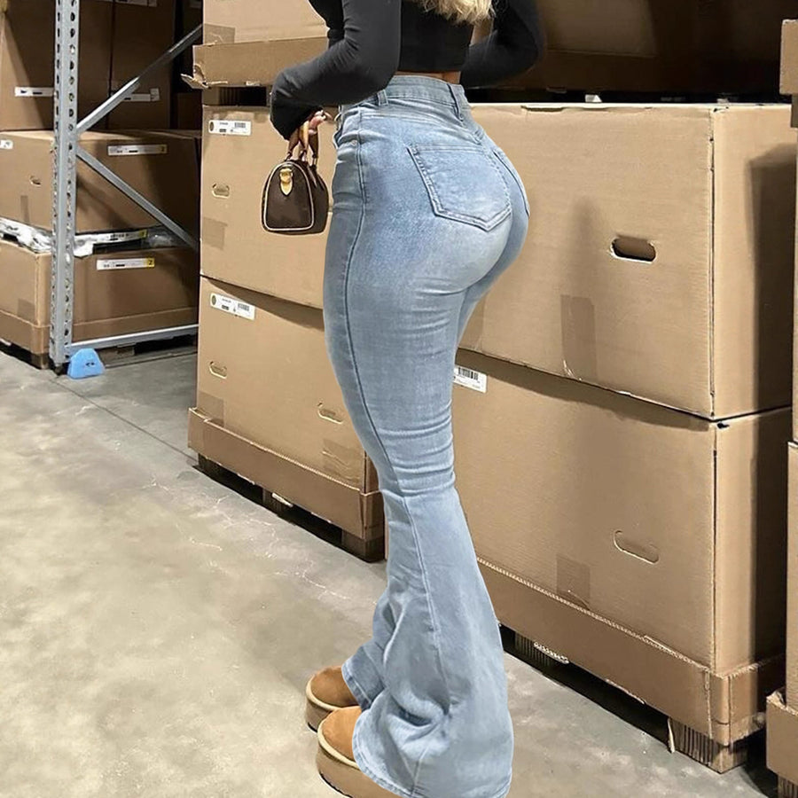 Street-style Solid-color Zip Flare High-waist Slim-fit Denim Jeans