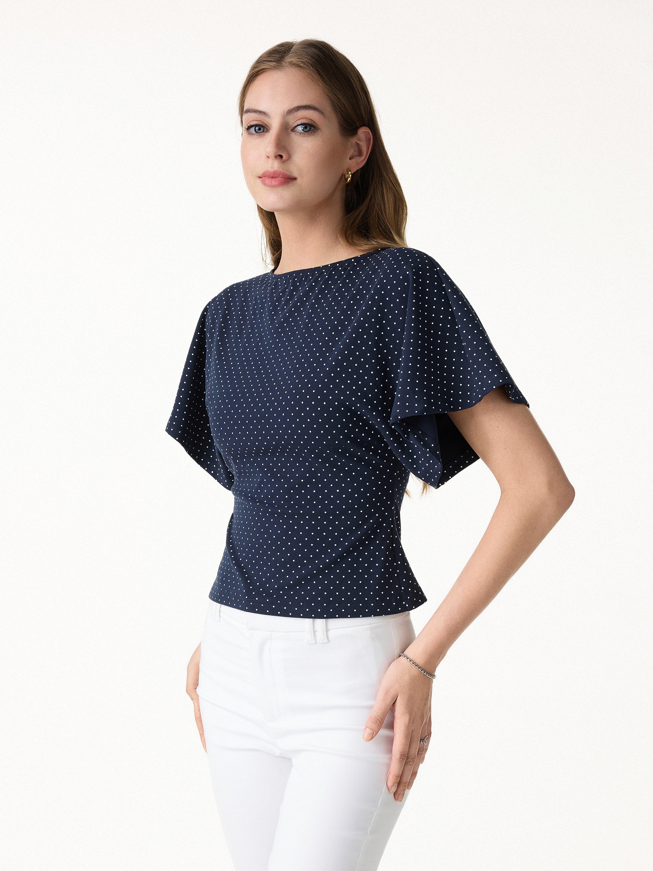 Soft Stretch Cotton Boatneck Flutter Sleeves Polka Dot Top Limited Edition