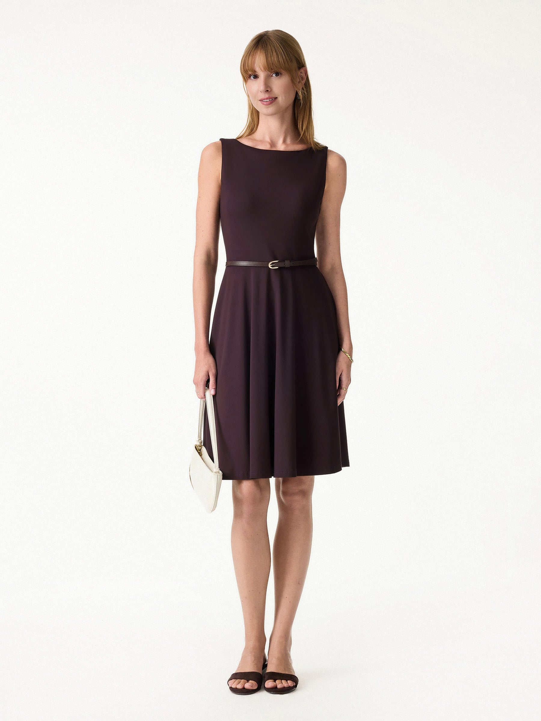 Stretchy Boatneck Fit-and-Flare Mini Bra Dress with Pockets