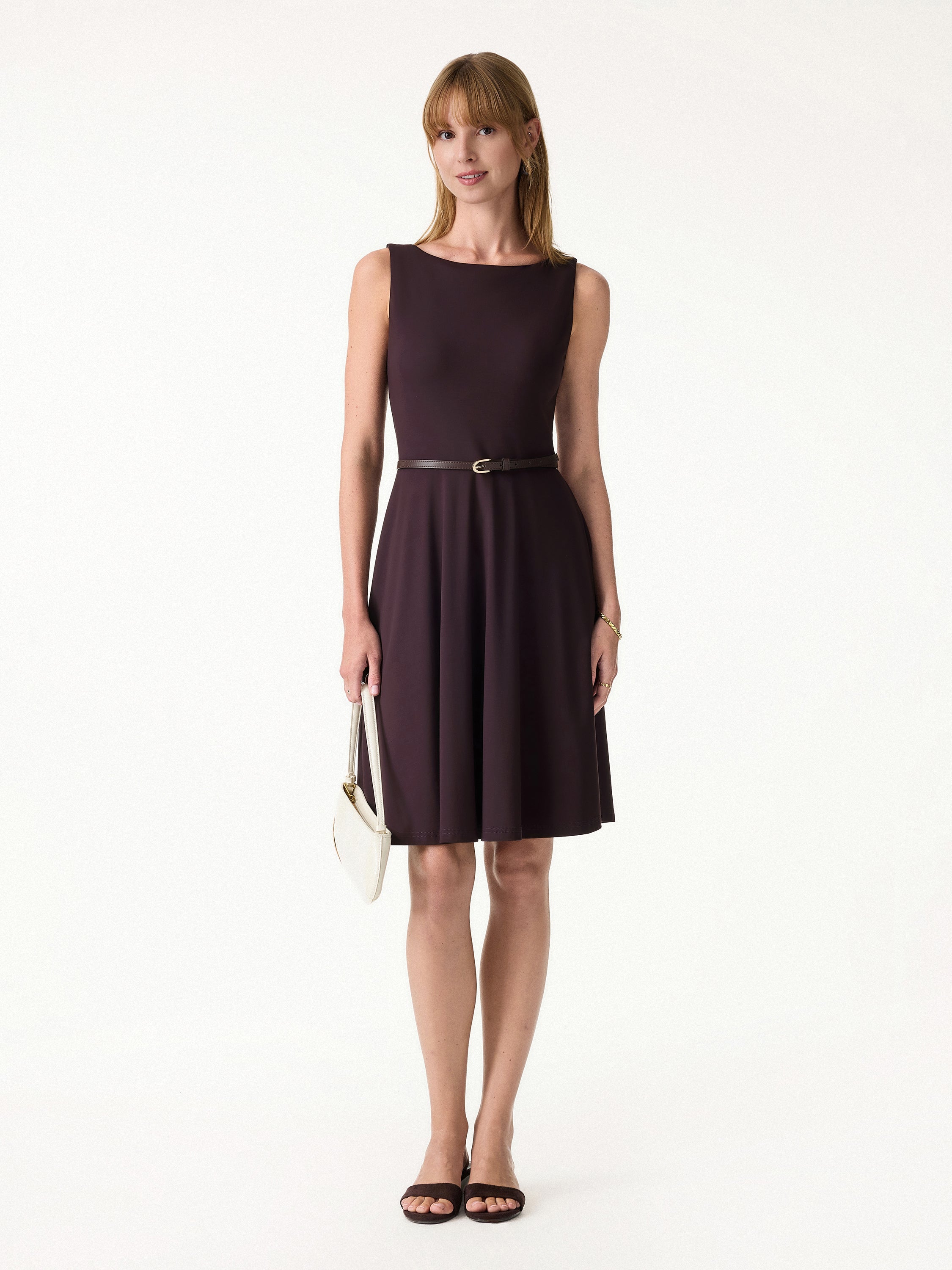 Stretchy Boatneck Fit-and-Flare Mini Bra Dress with Pockets