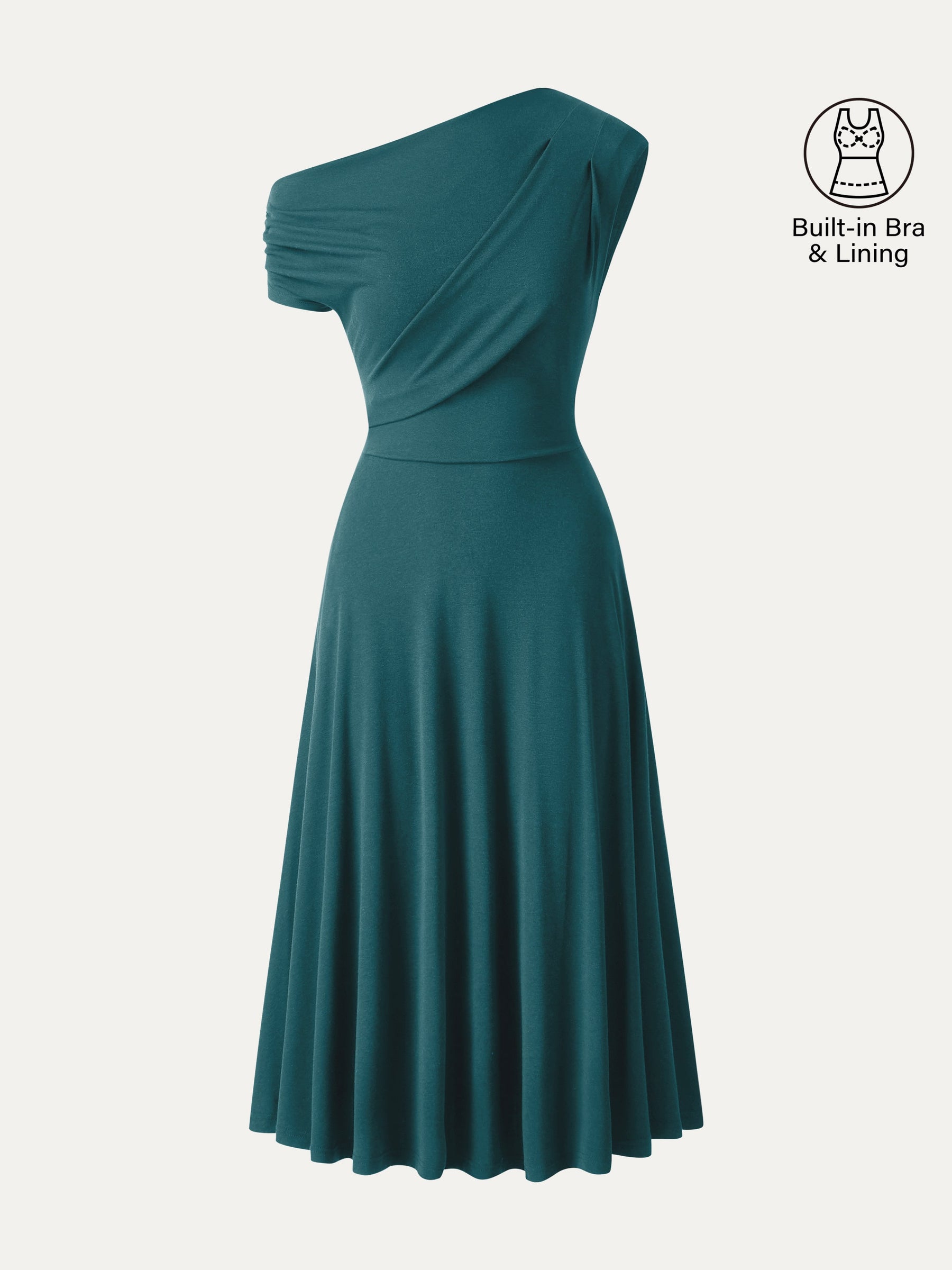 Asymmetrical Shoulder Tucked Midi Bra Dress with Pockets