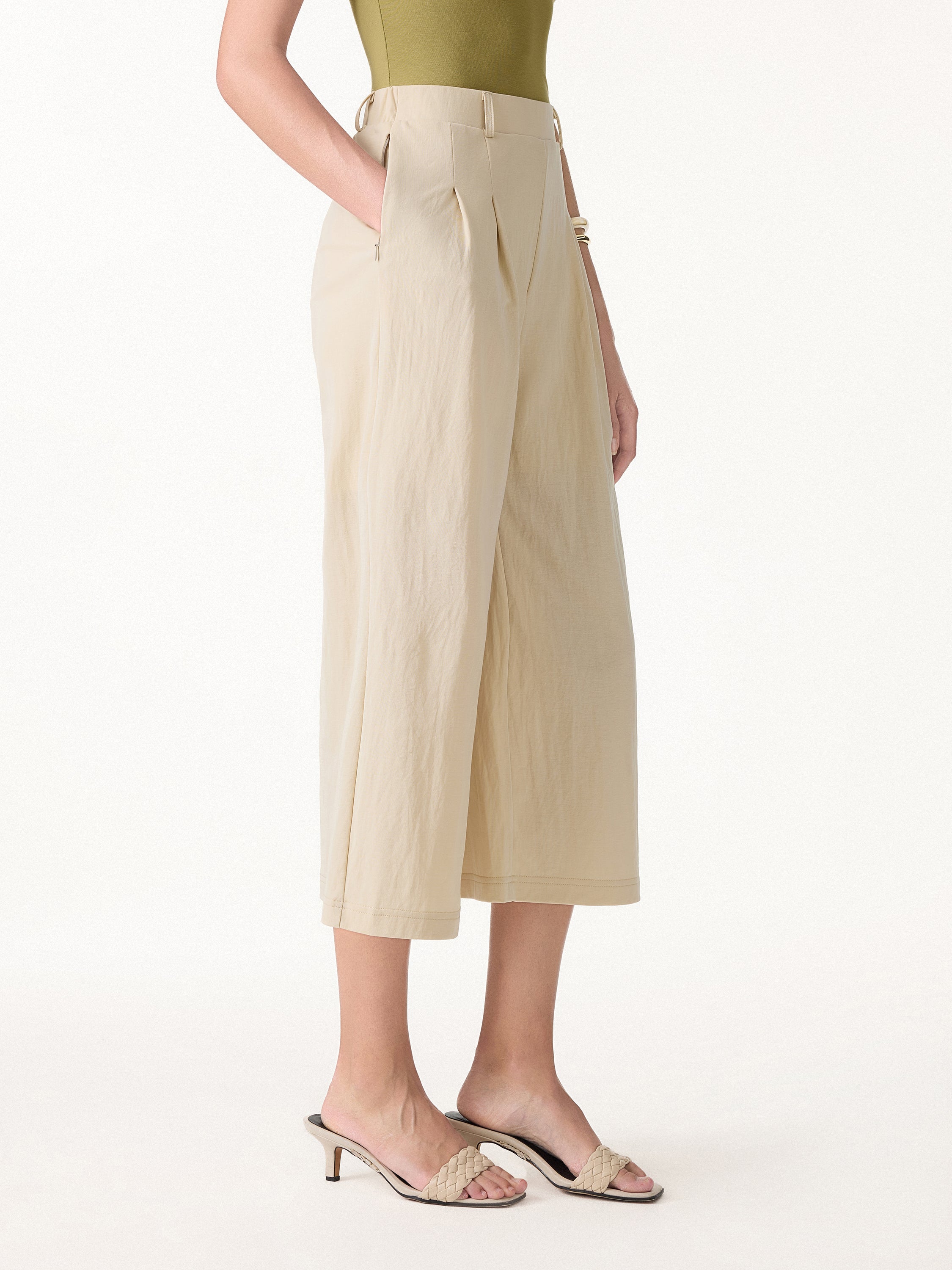 Wrinkle-Resistant Linen-Like Cropped Wide Leg Pants