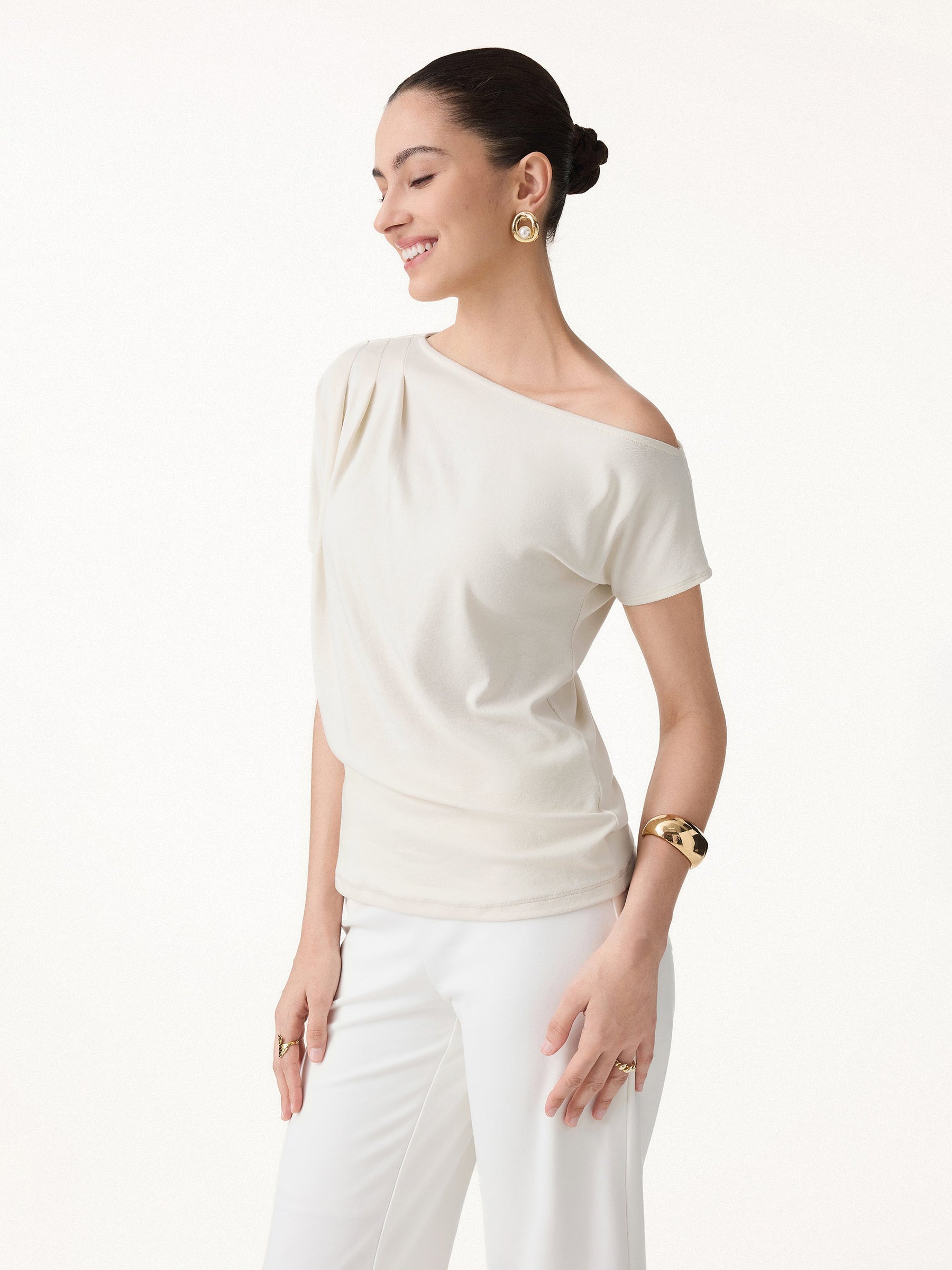 Cotton-Lyocell Effortless Asymmetrical Tucked Tee