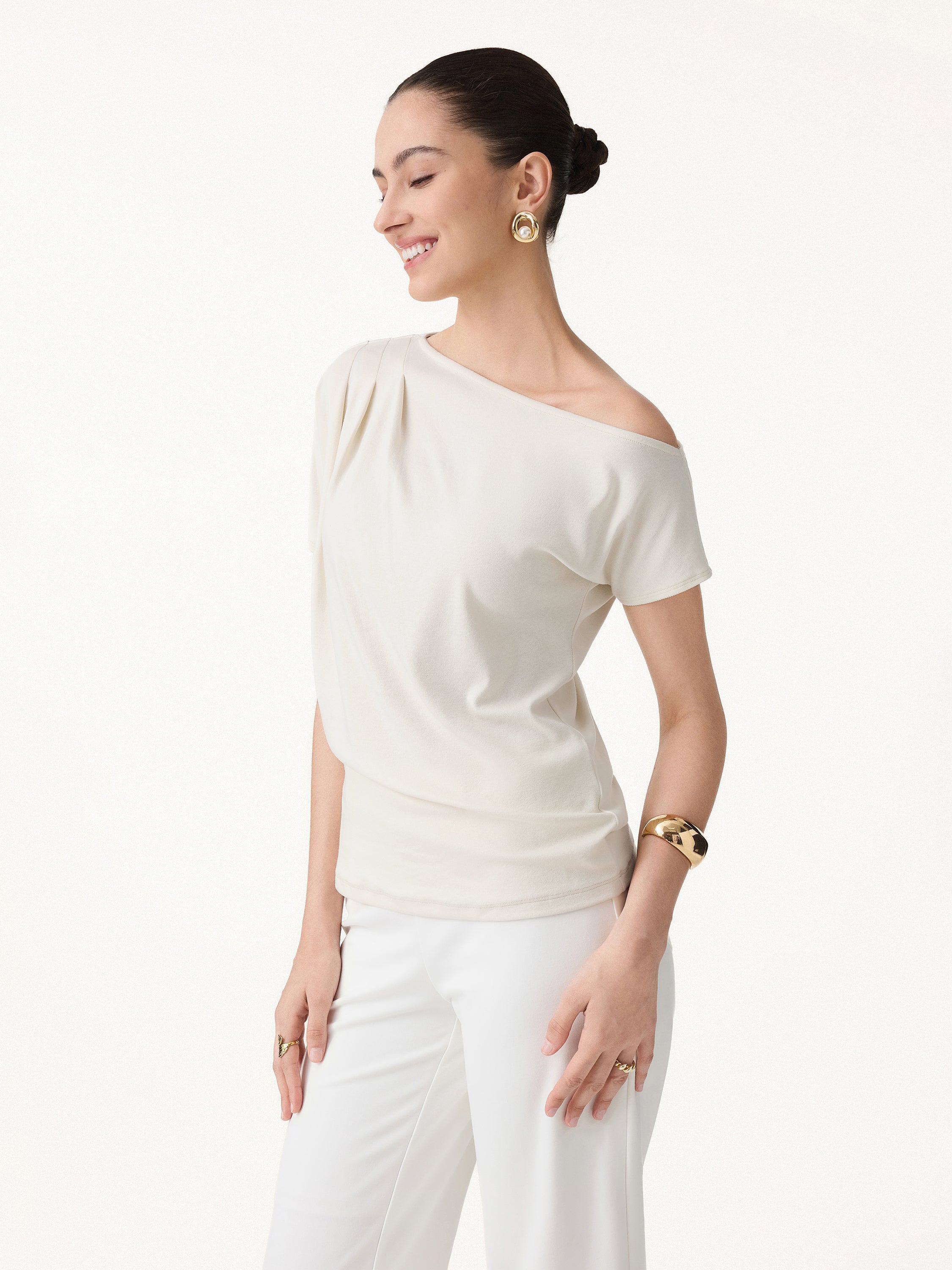 Cotton-Lyocell Effortless Asymmetrical Tucked Tee