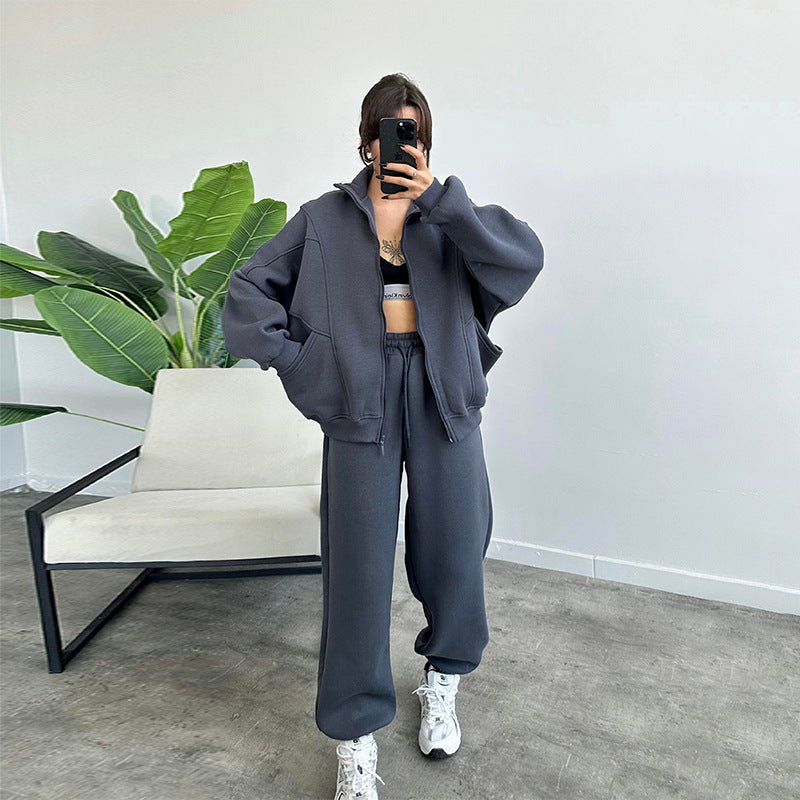 Women's Tracksuit Set - Zip Cardigan & Drawstring Trousers with Pockets