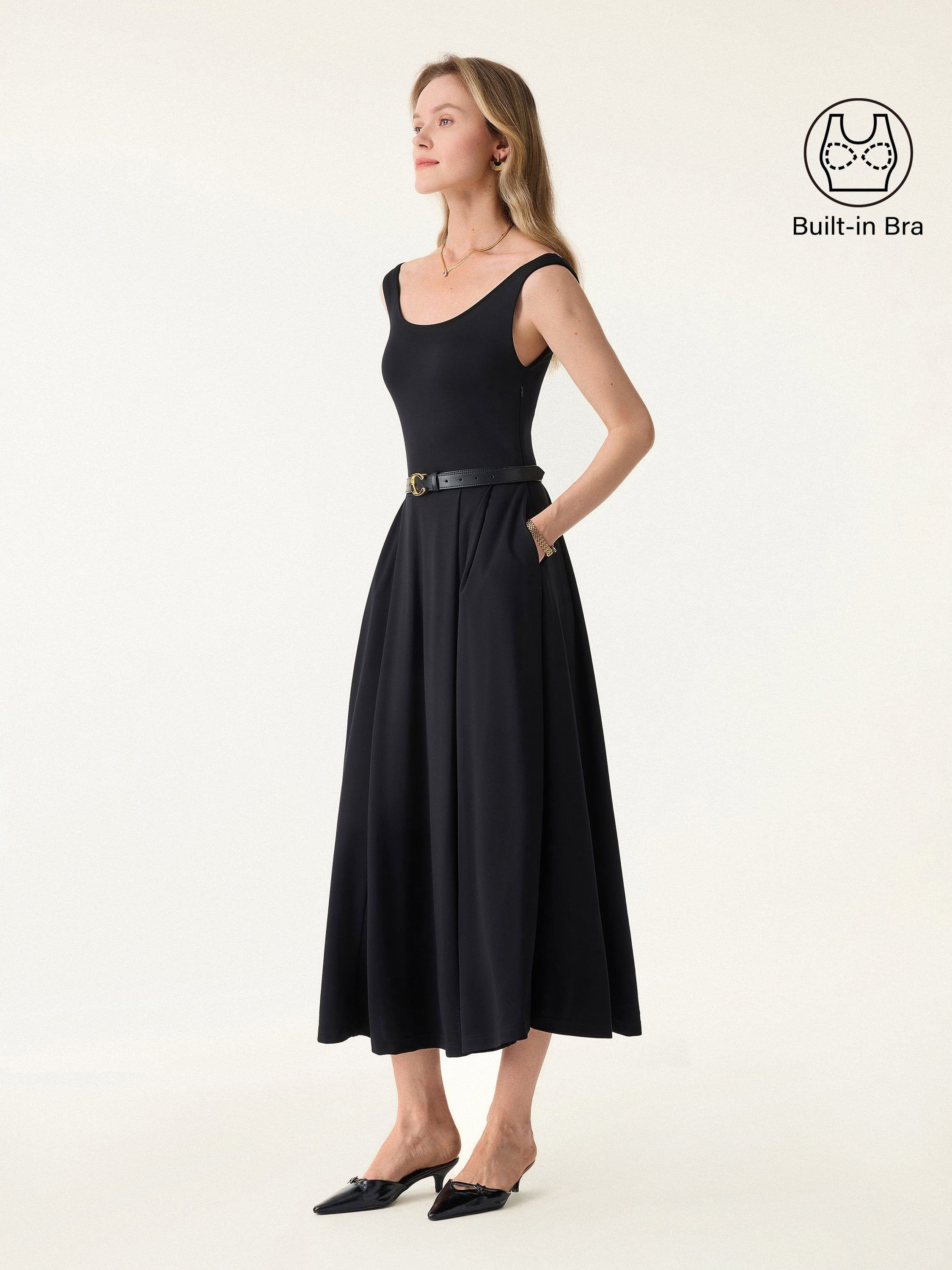 Balletic Scoop Neck Midi Bra Dress with Pockets