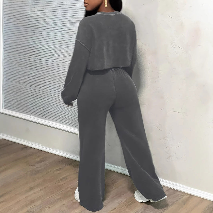 Women's Wide-Leg Trousers & Long-Sleeve Top Set - Casual Two-Piece Outfit