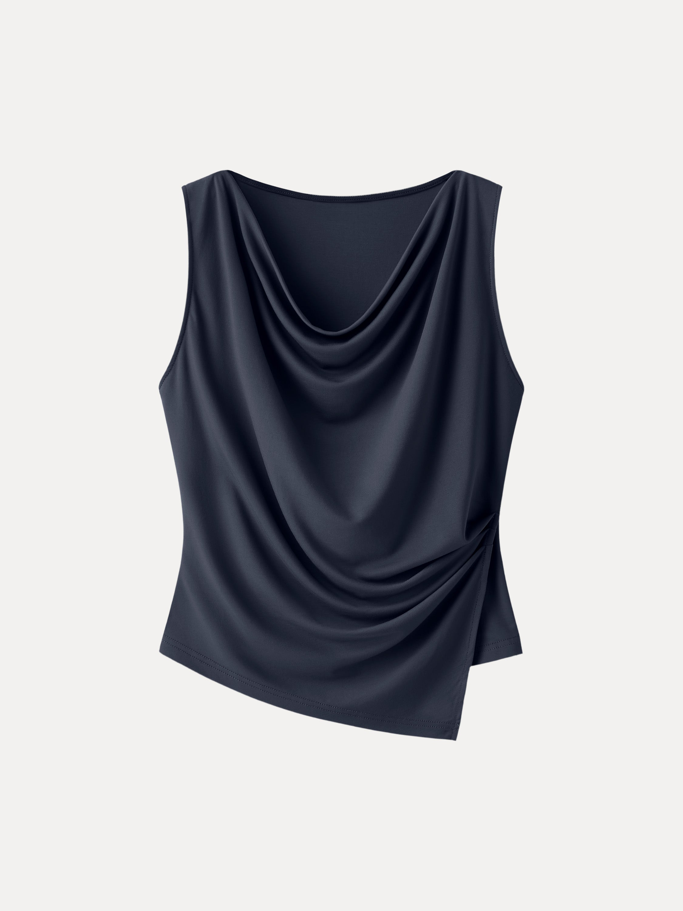 Cowl Neck Asymmetrical Tucked Sleeveless Top
