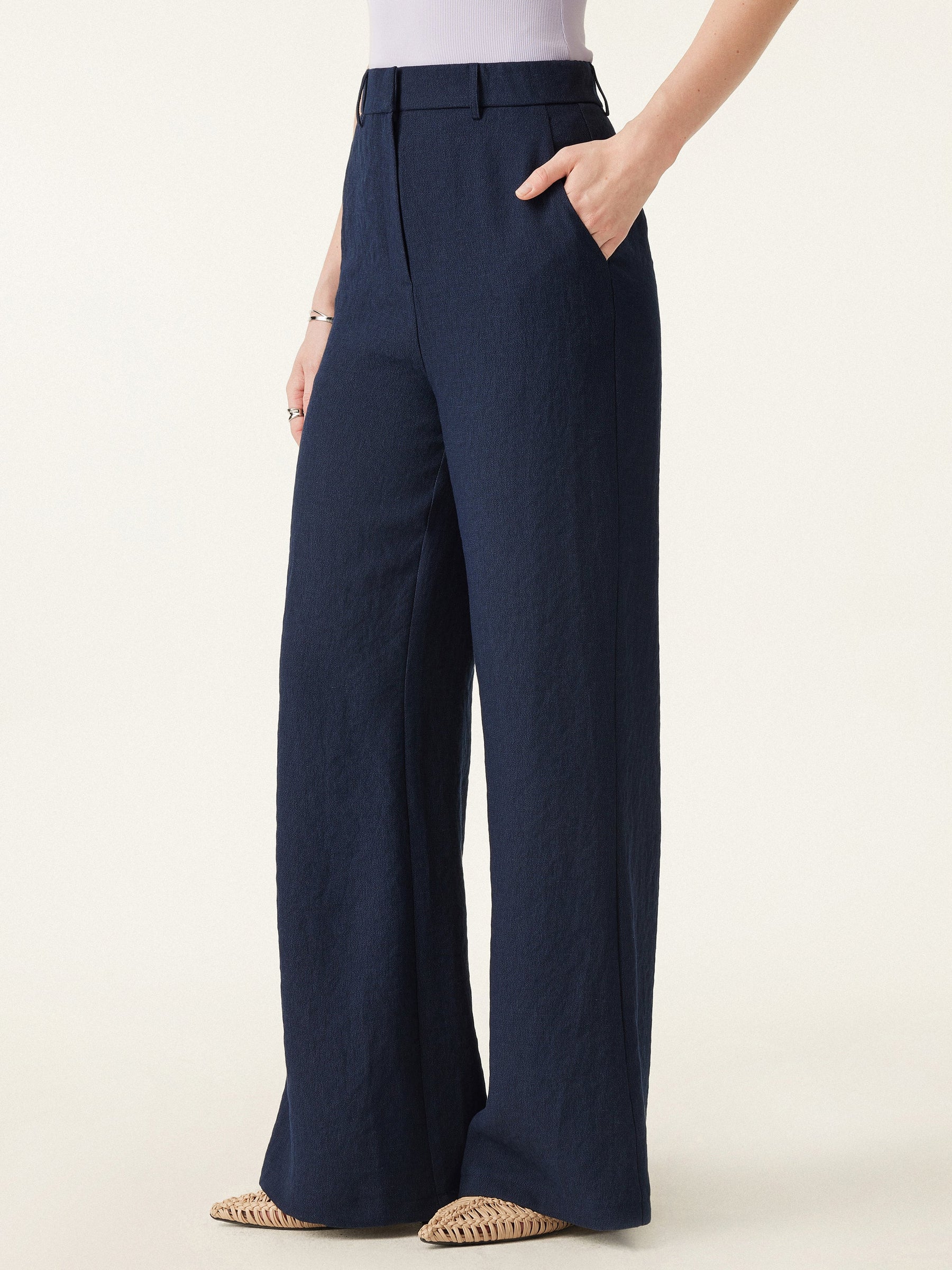 European Linen-Like Mid Rise Flared Pant with Pockets