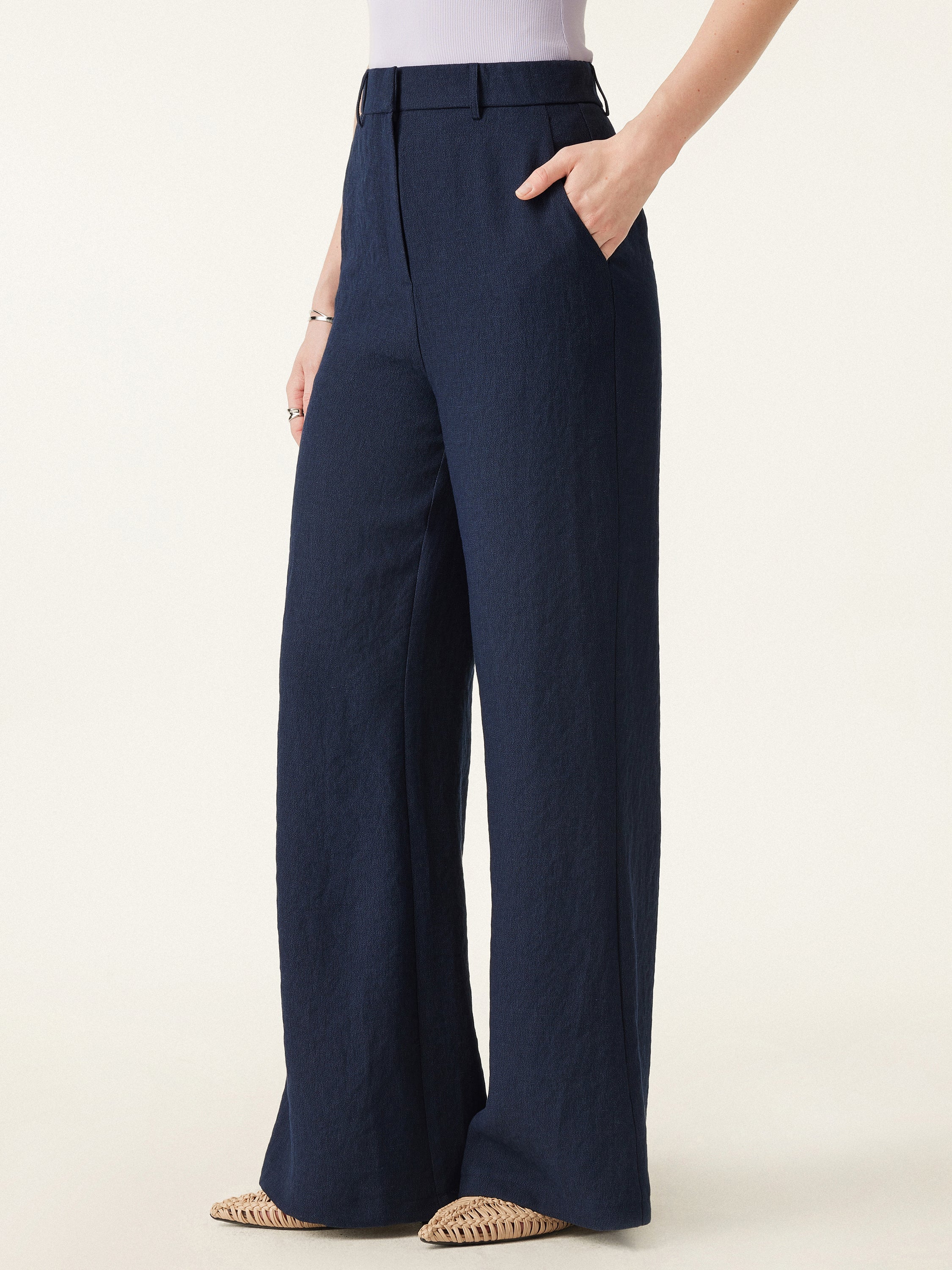 European Linen-Like Mid Rise Flared Pant with Pockets