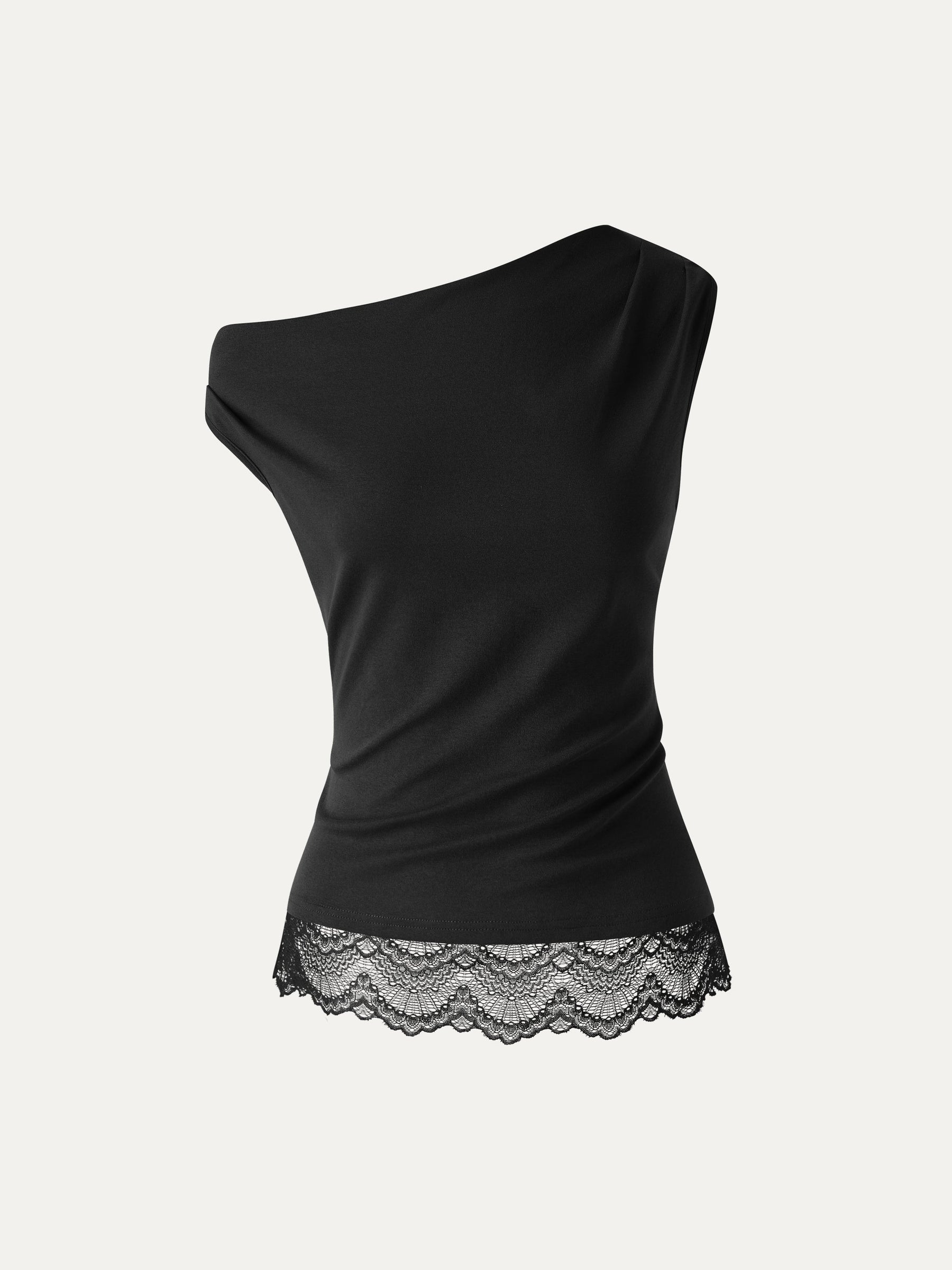 Lace Trim Cotton Lyocell Asymmetrical Shoulder Top