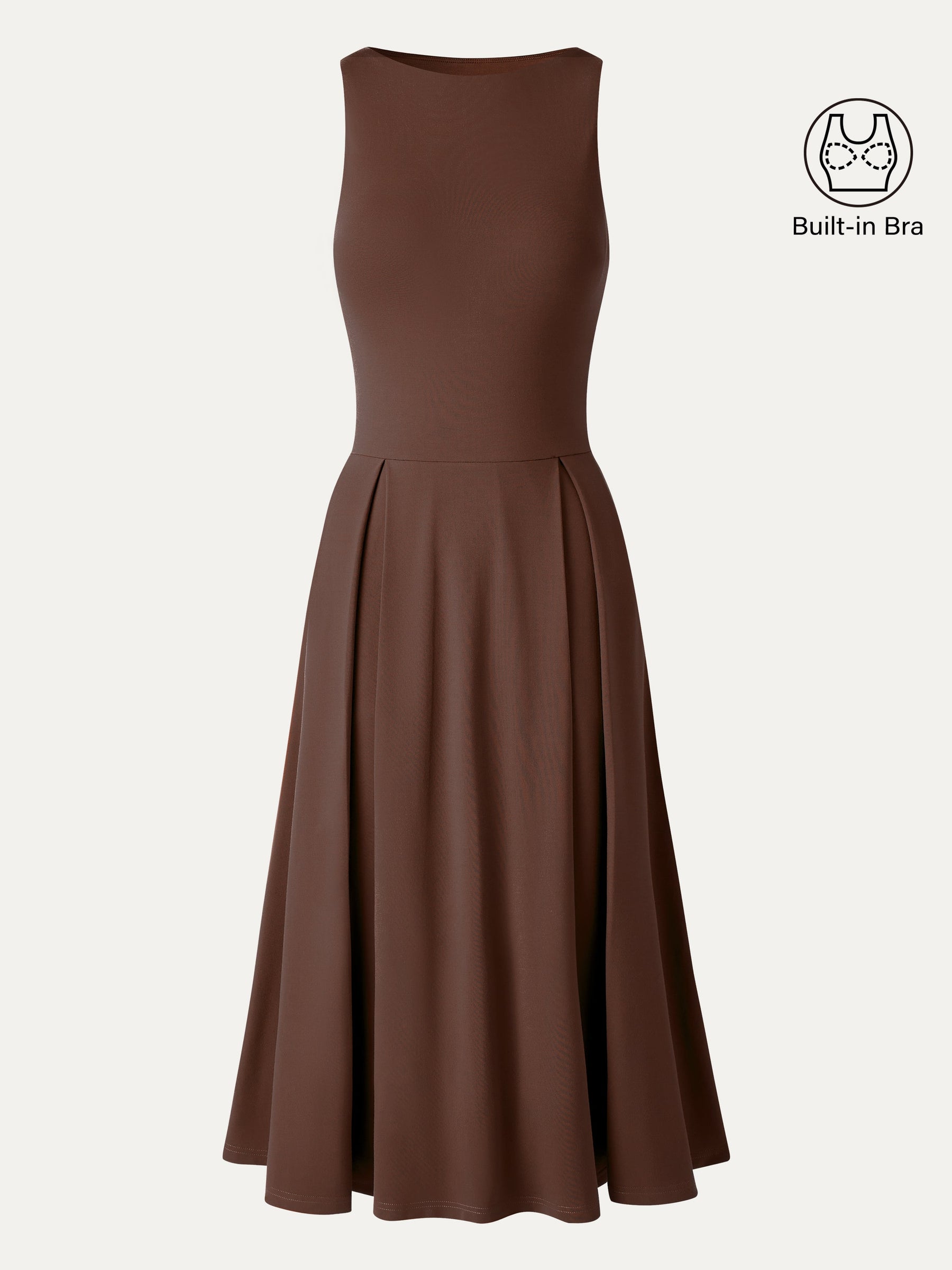 Boatneck Pleated Fit-and-Flare Midi Bra Dress with Pockets