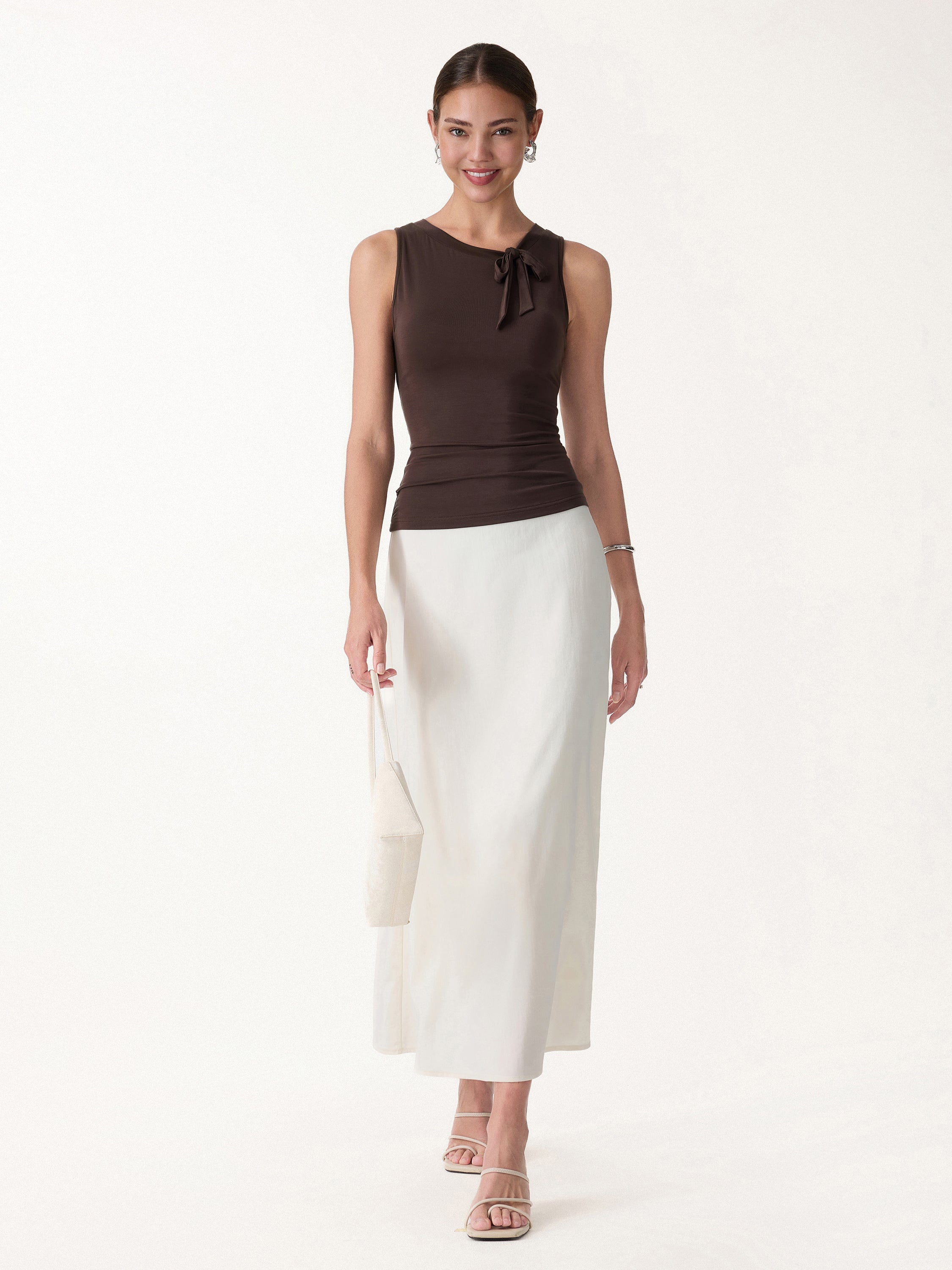 Milky Smooth Round Neck Sleeveless Top with Bow