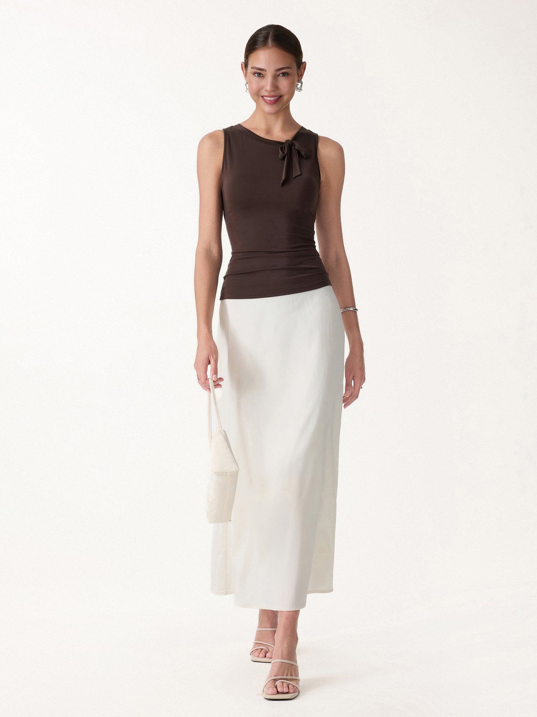Milky Smooth Round Neck Sleeveless Top with Bow