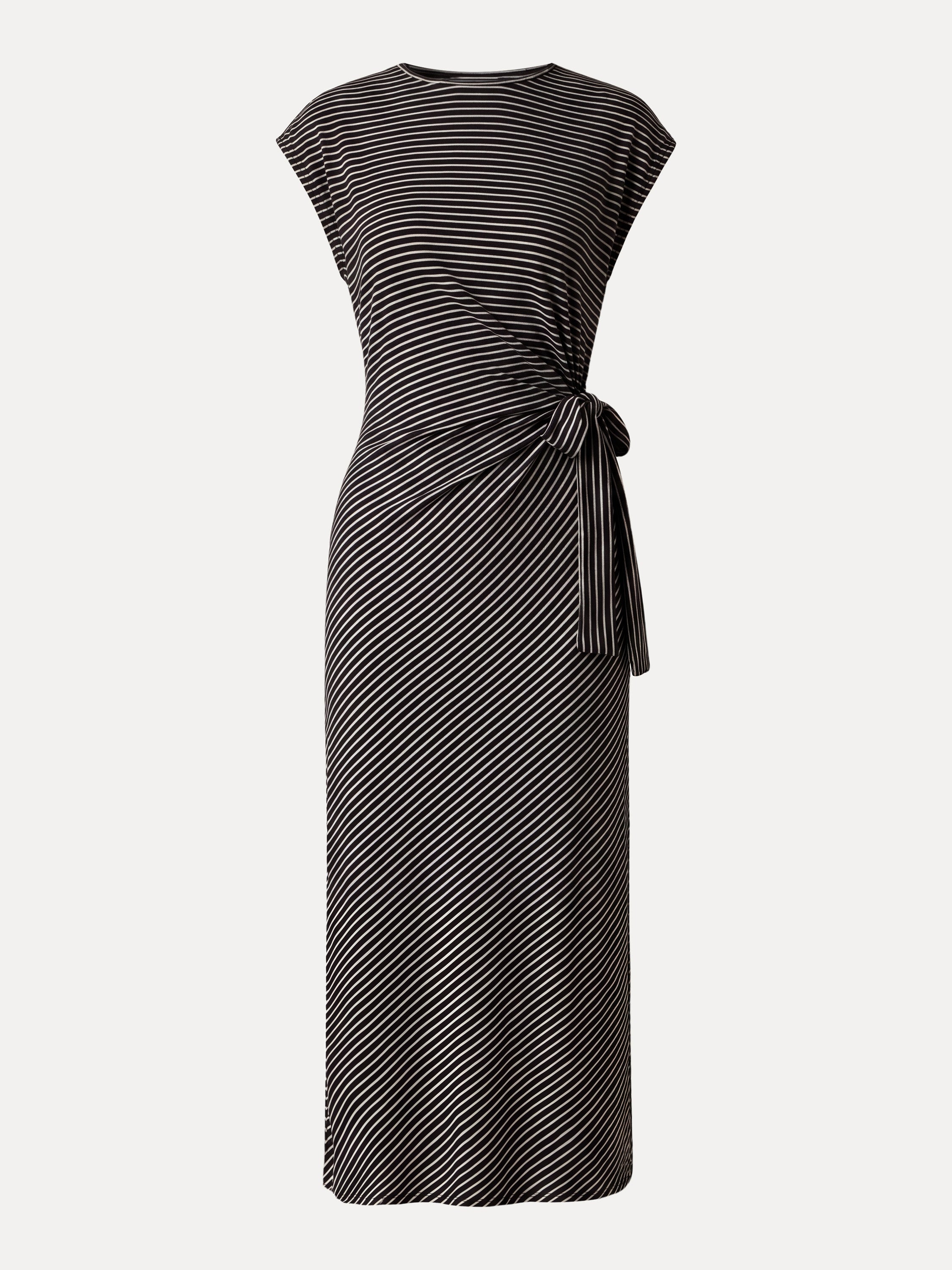 Striped Relaxed Midi Dress with Self-Tie