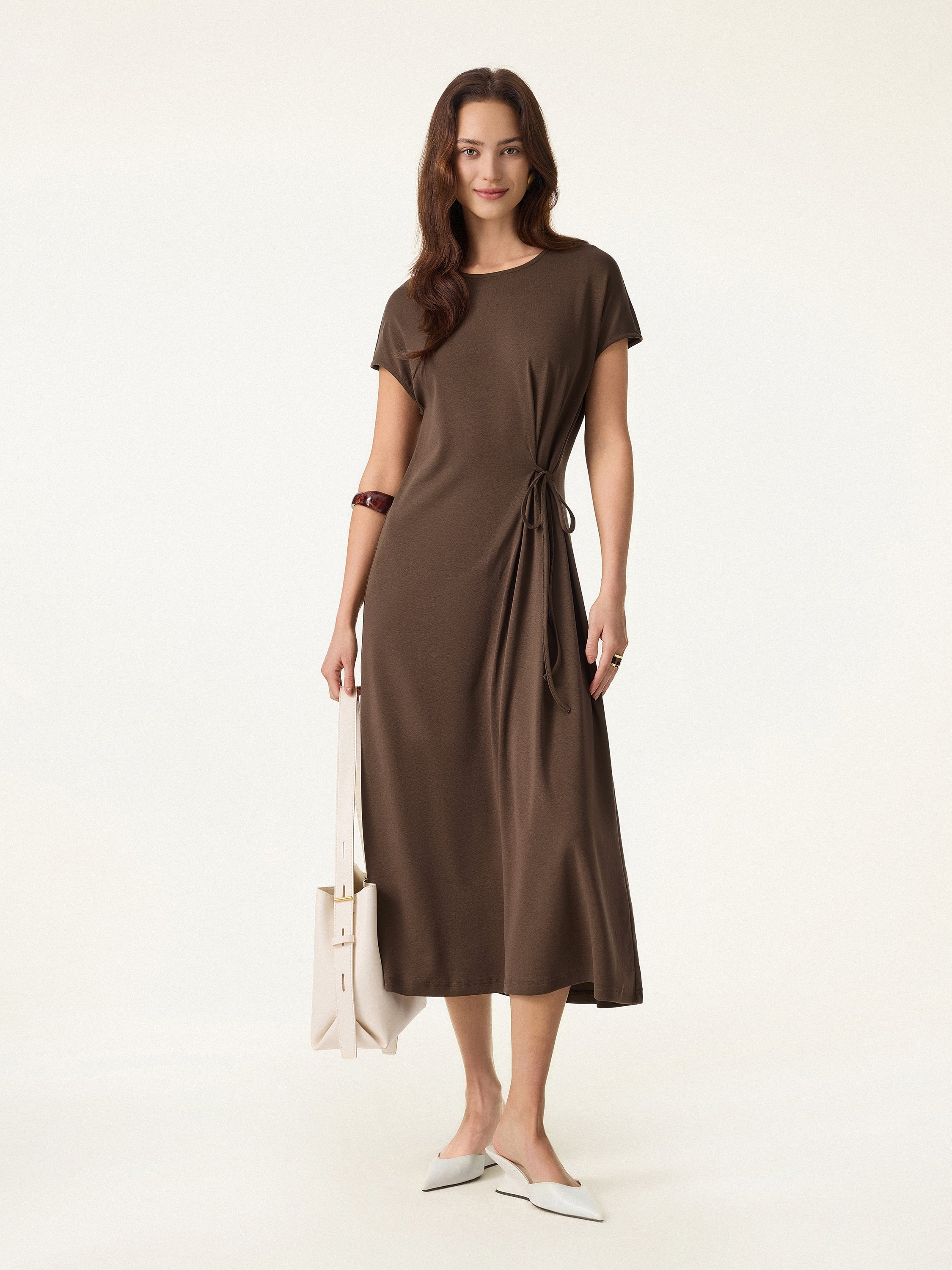 Cotton Lyocell Easy Airy Midi Dress with Self-Tie