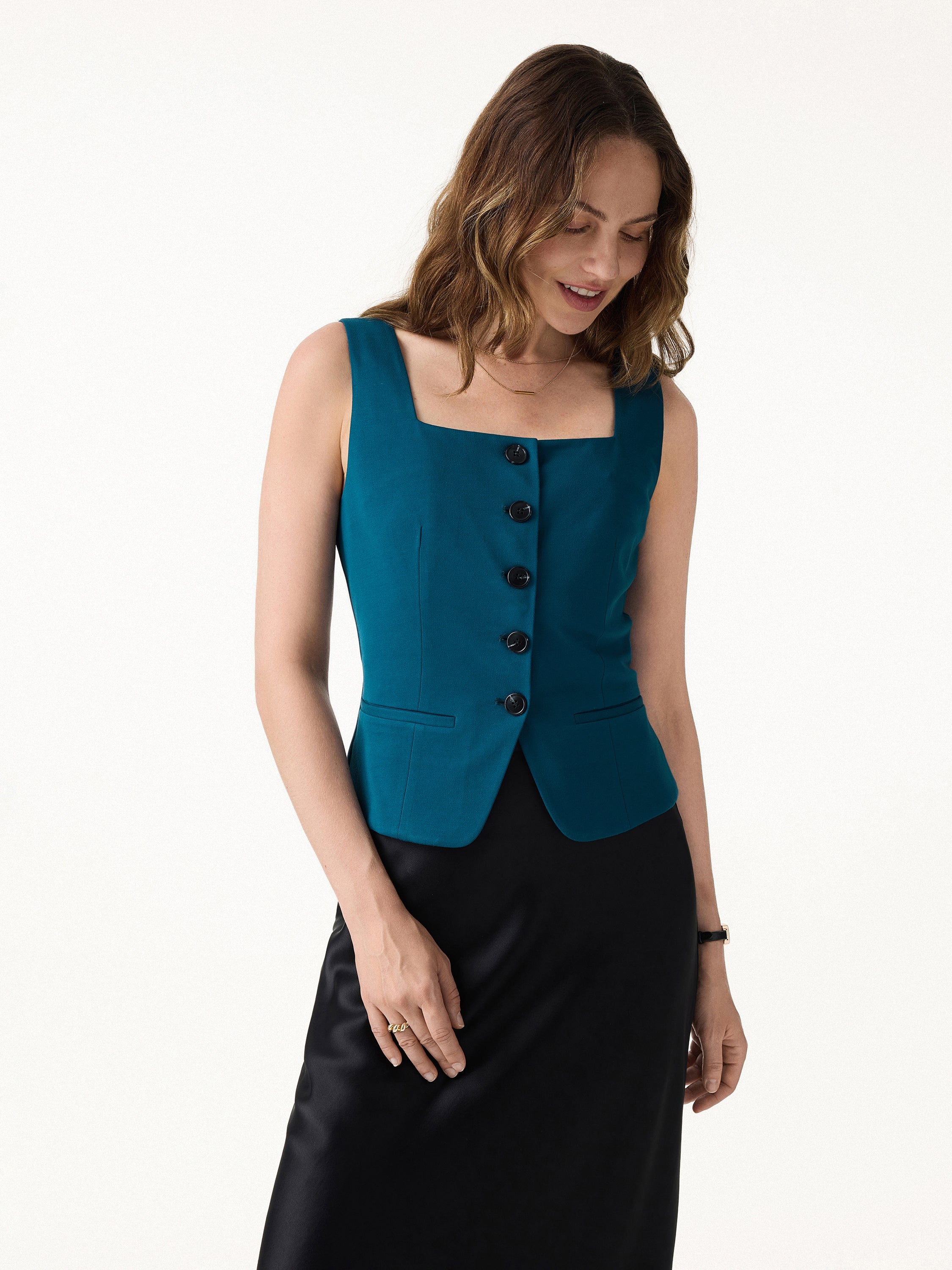 Stretch Ponte Square Neck Cropped Waistcoat with Pockets