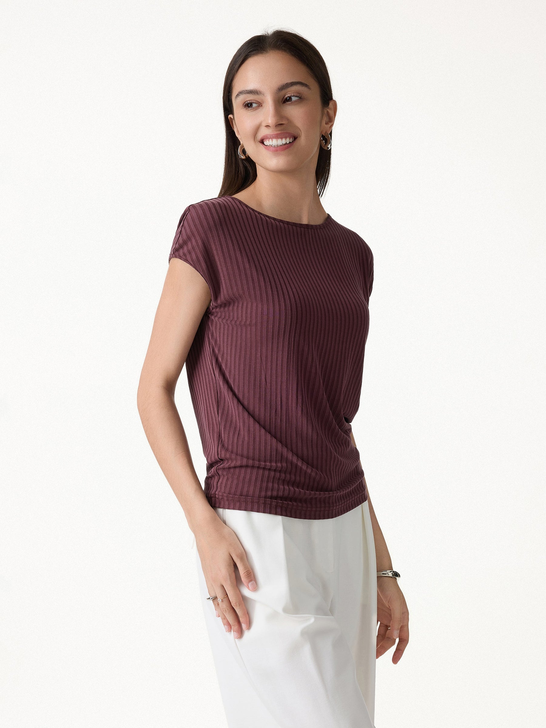 Wrinkle-Free Ultra-soft Boatneck Cap Sleeve Ribbed Top