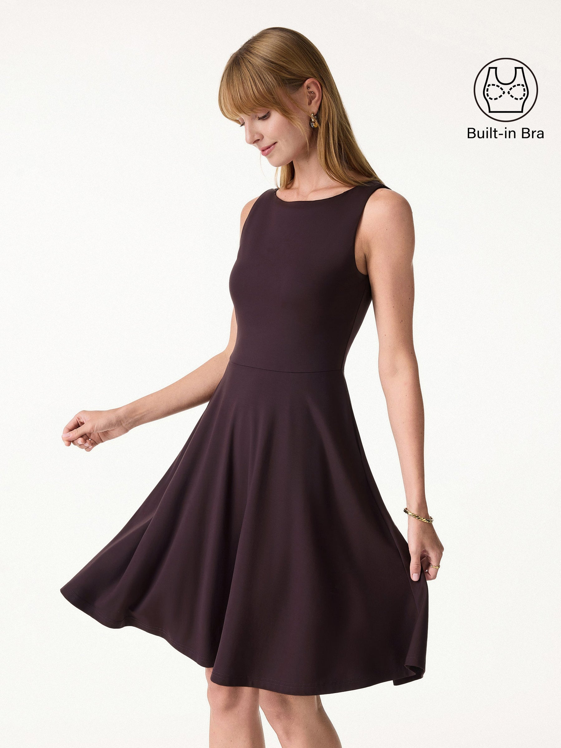 Stretchy Boatneck Fit-and-Flare Mini Bra Dress with Pockets