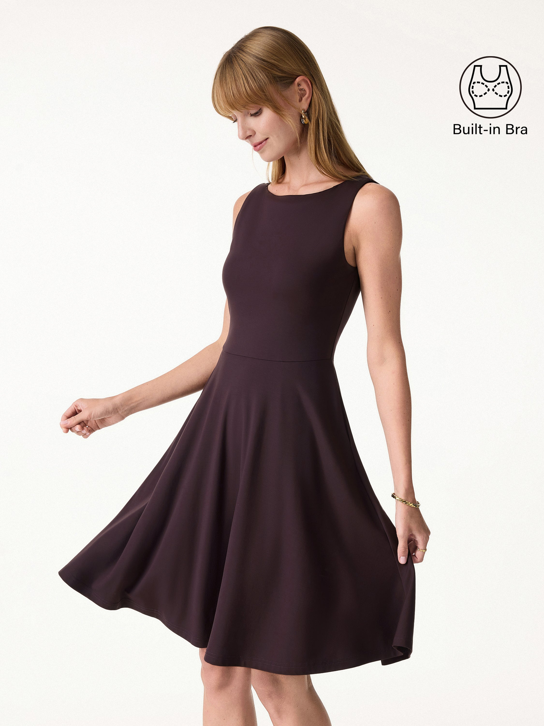 Stretchy Boatneck Fit-and-Flare Mini Bra Dress with Pockets