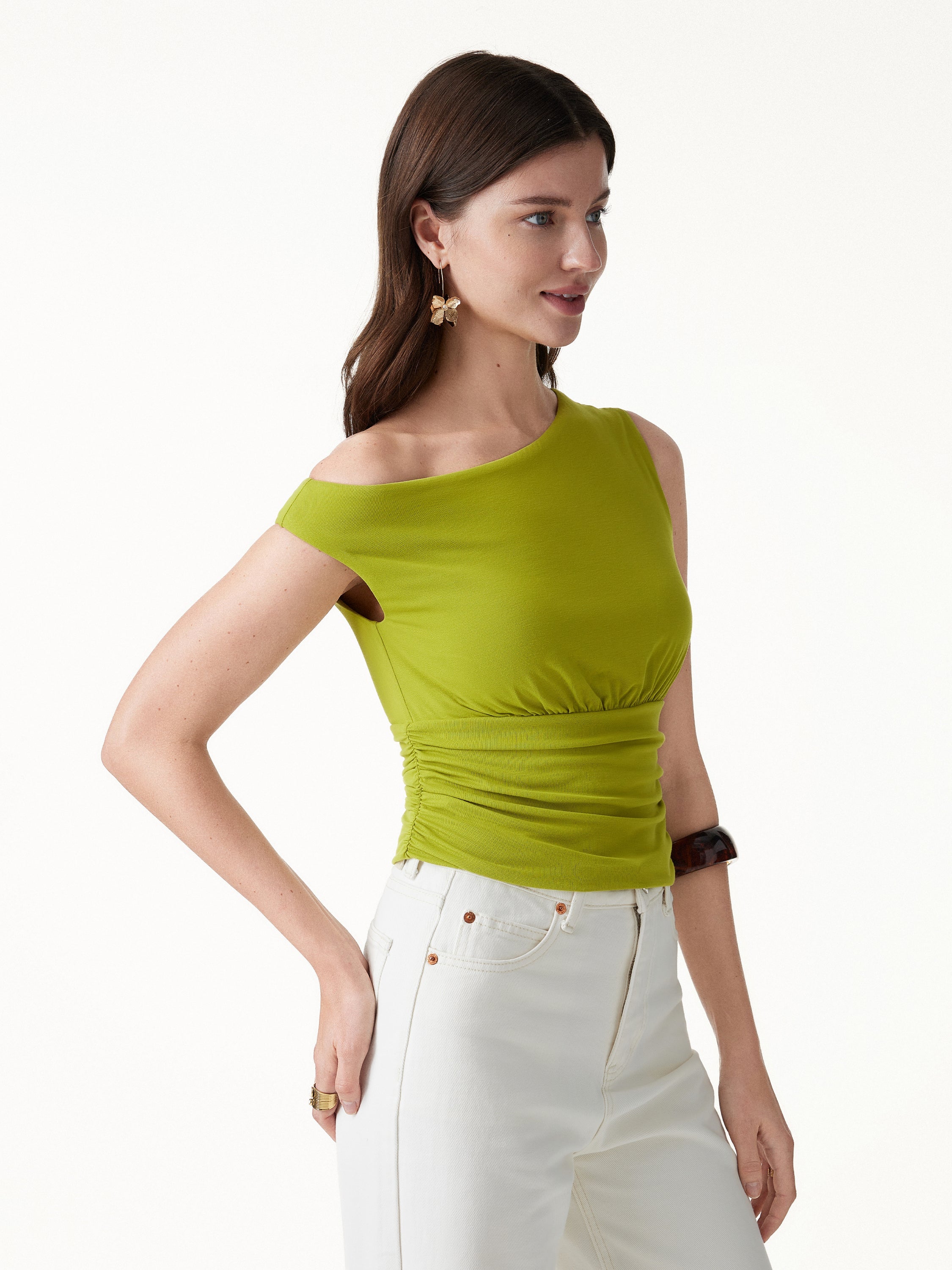 SkinKiss Asymmetrical Neck Cropped Ruched Bra Top